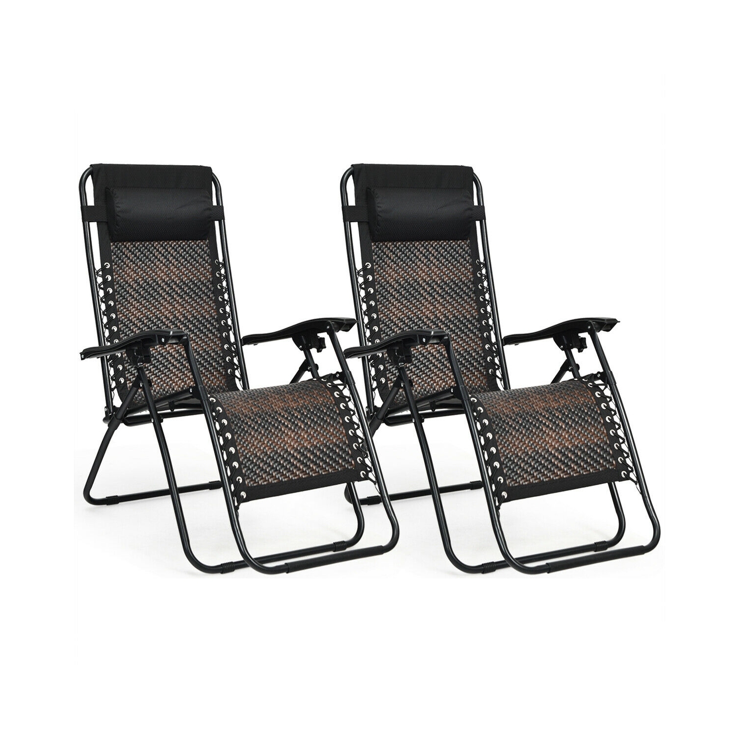2 Pieces Folding Patio Rattan Zero Gravity Lounge Chair-Brown
