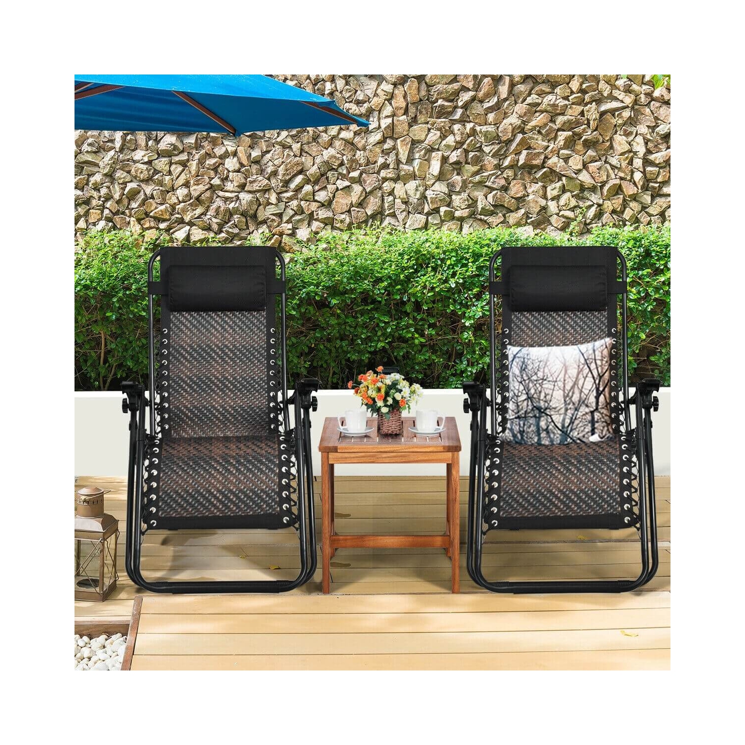 2 Pieces Folding Patio Rattan Zero Gravity Lounge Chair-Brown
