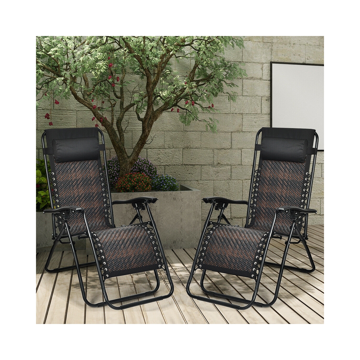 2 Pieces Folding Patio Rattan Zero Gravity Lounge Chair-Brown