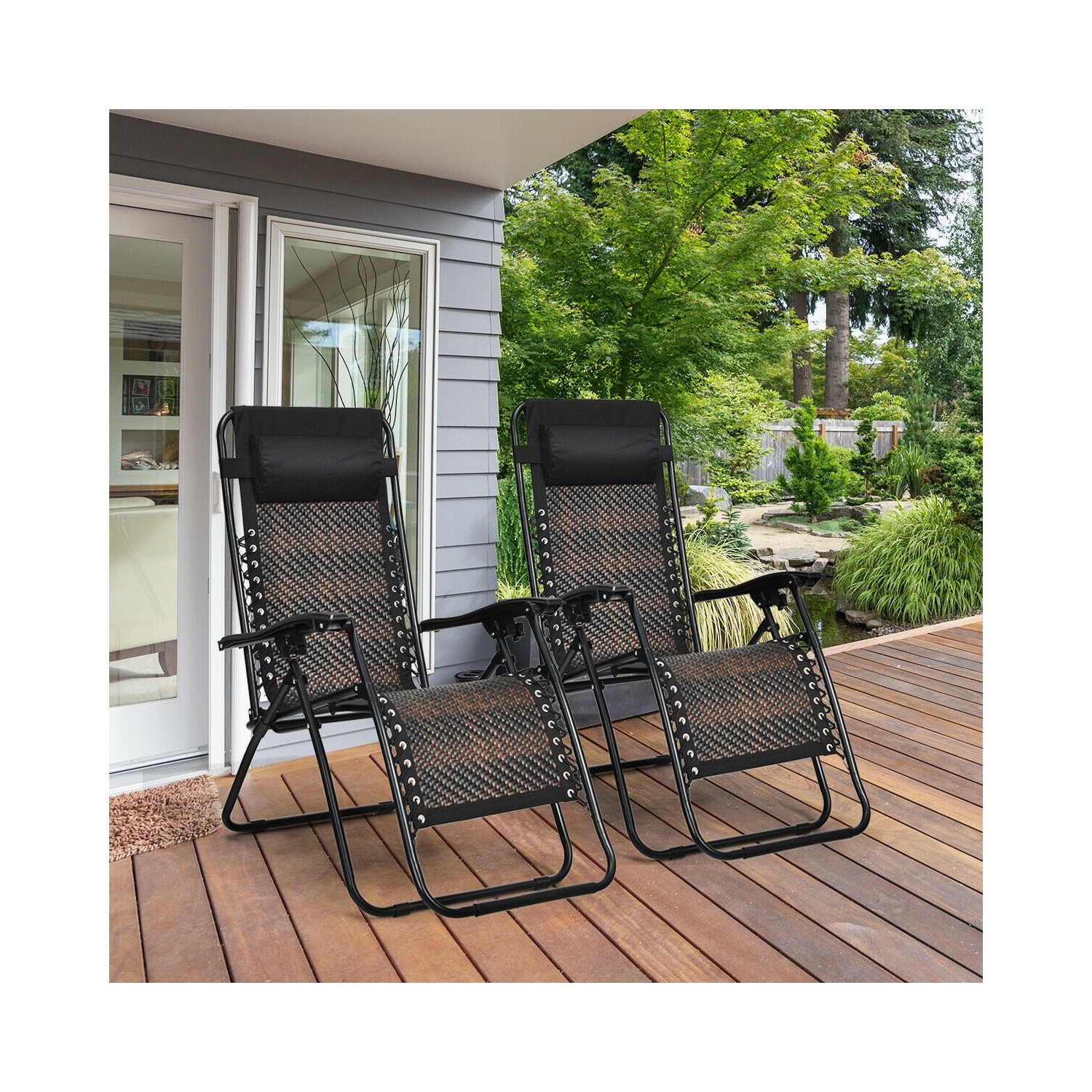 2 Pieces Folding Patio Rattan Zero Gravity Lounge Chair-Brown