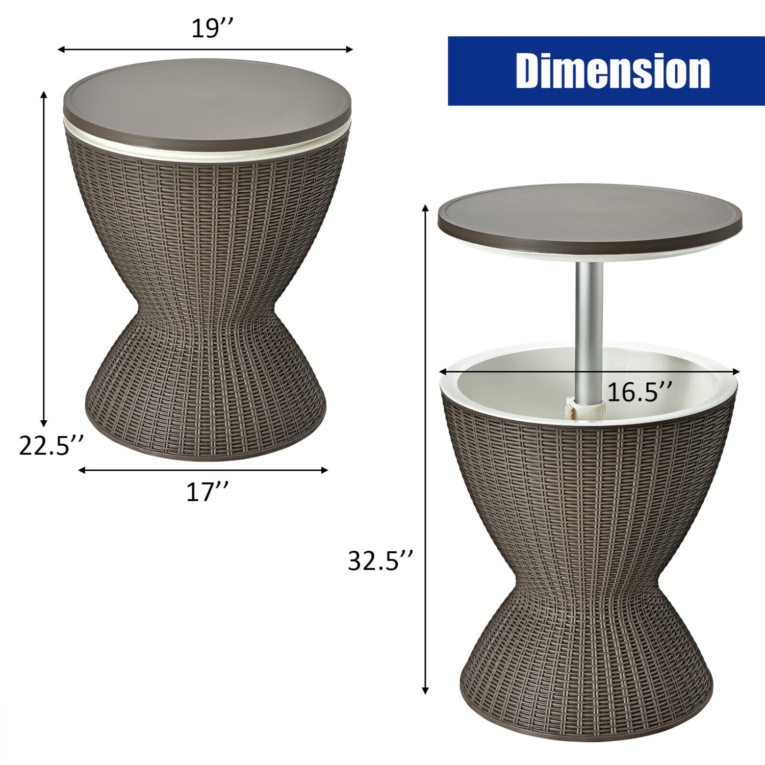 3 in 1 8 Gallon Patio Rattan Cooler Bar Table with Adjust Ice Bucket-Brown