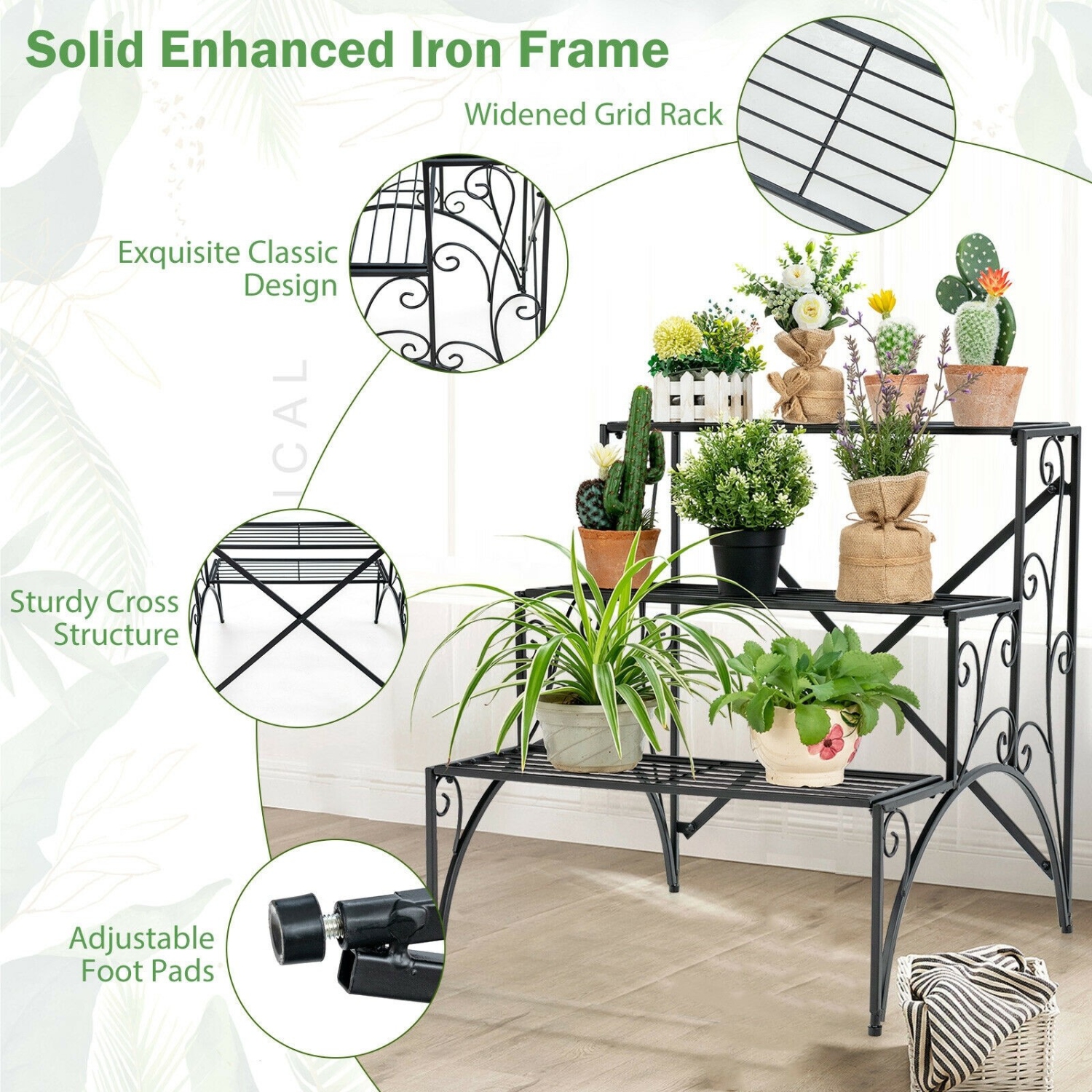 3 Tier Stair Style Metal Plant Stand Garden Shelf Flower Pot Display Rack-Black