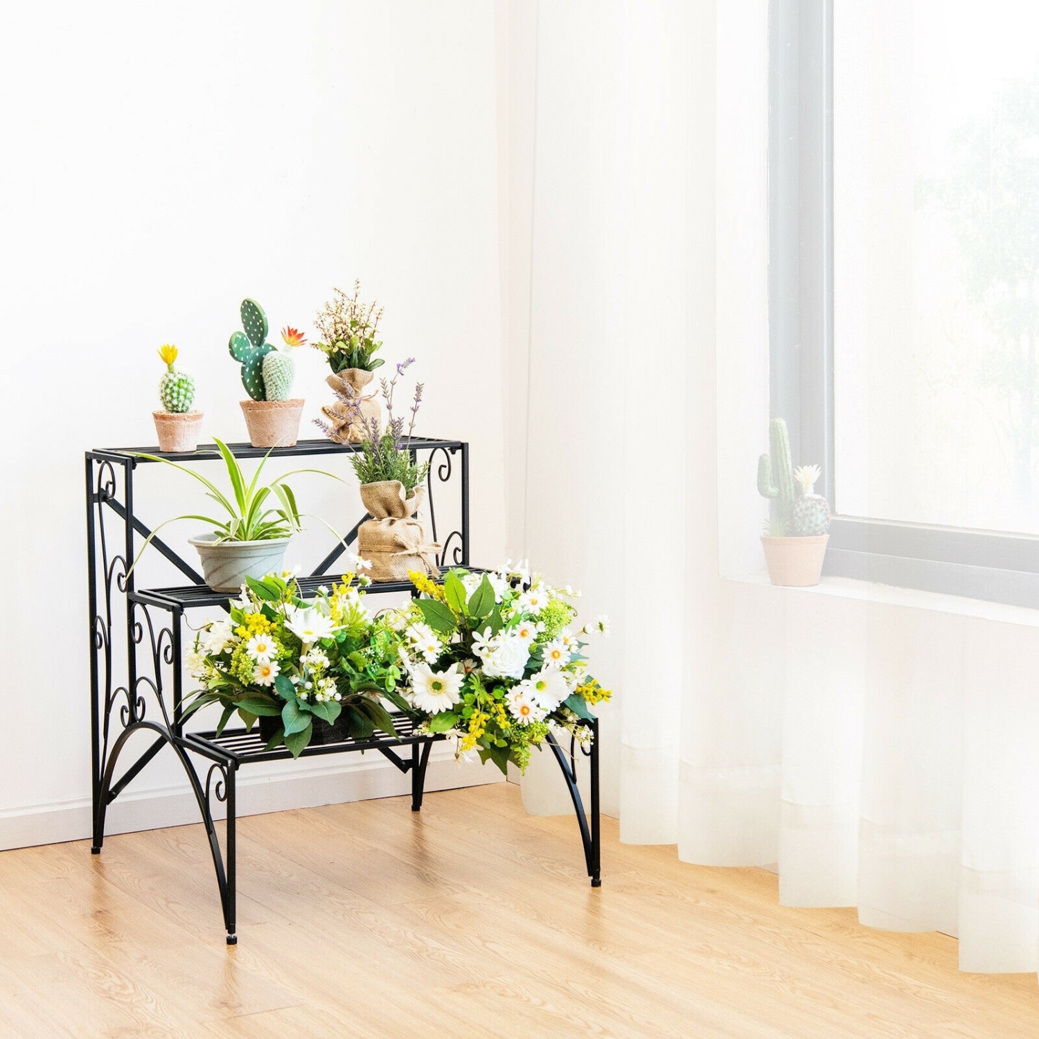 3 Tier Stair Style Metal Plant Stand Garden Shelf Flower Pot Display Rack-Black