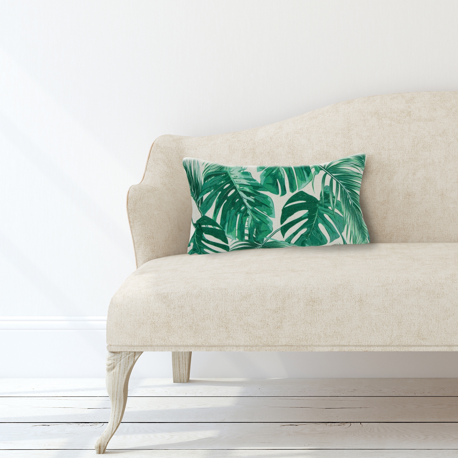 19" Green and White Tropical Leaves Printed Rectangular Throw Pillow