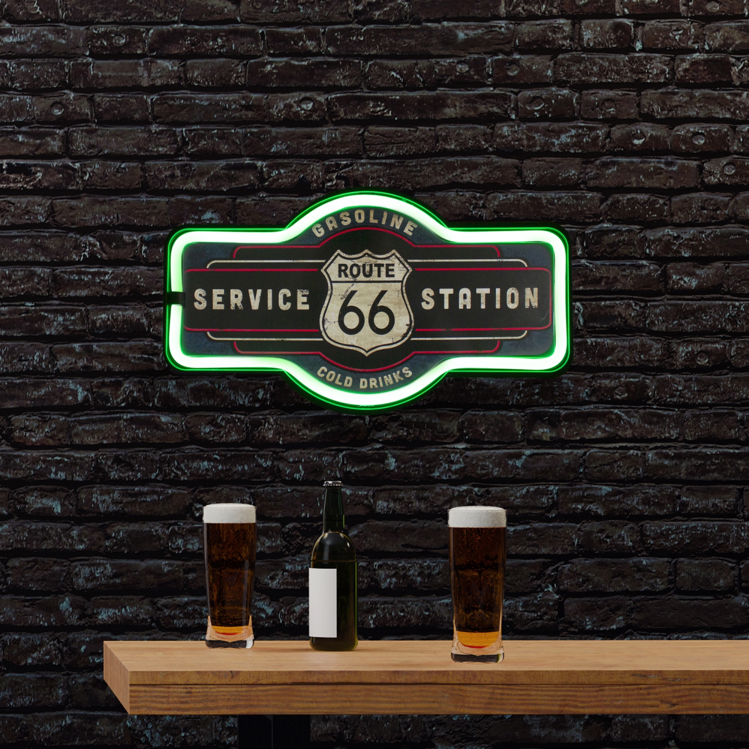 Affiche murale néon de style néon « Station de service route 66 » à DEL