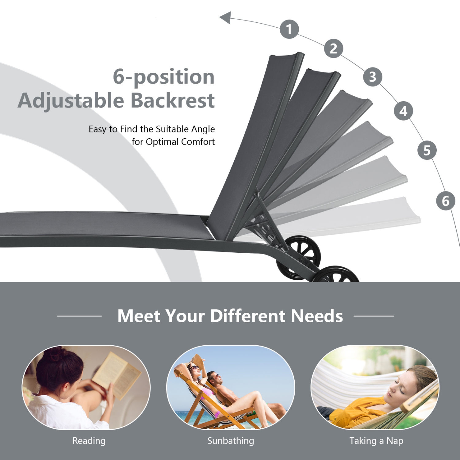 Costway Outdoor Adjustable Chaise Lounge Patio 6-Position Recliner with Wheels