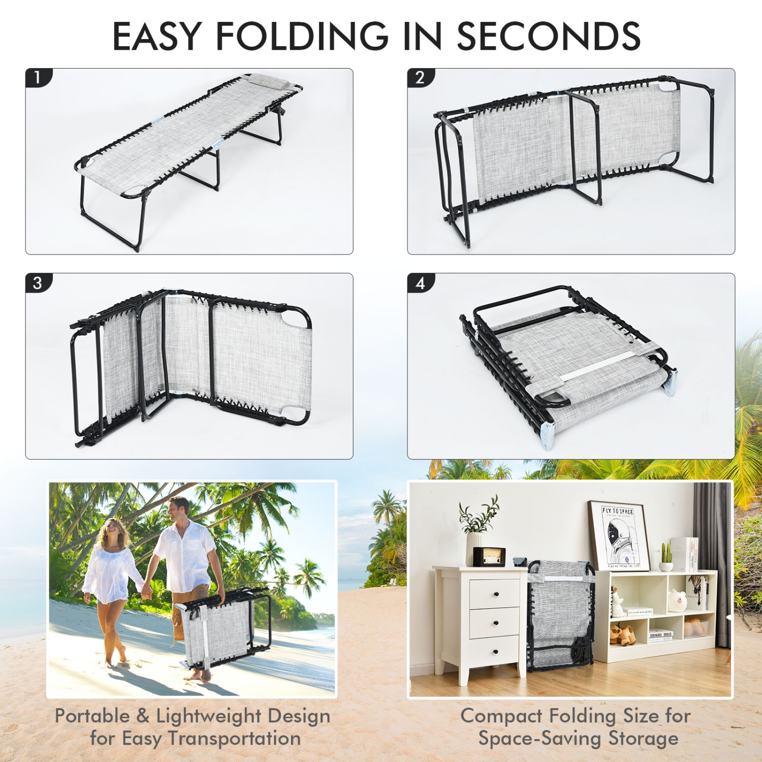 Costway Folding Lounge Chaise 16" High Recline Chair W/Adjustable Backrest and Footrest