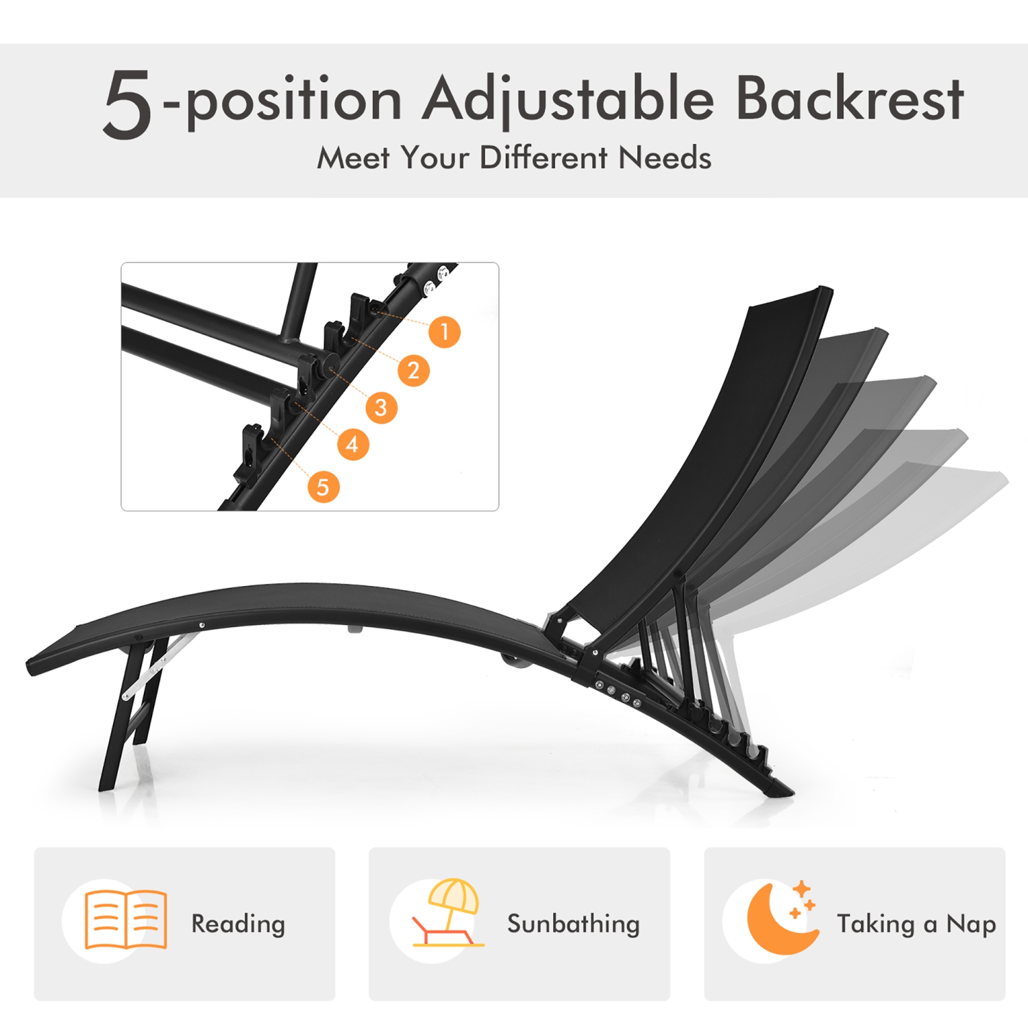 Costway 2 PCS Patio Folding Chaise Lounge Chair Recliner Adjustable Stackable Deck Black