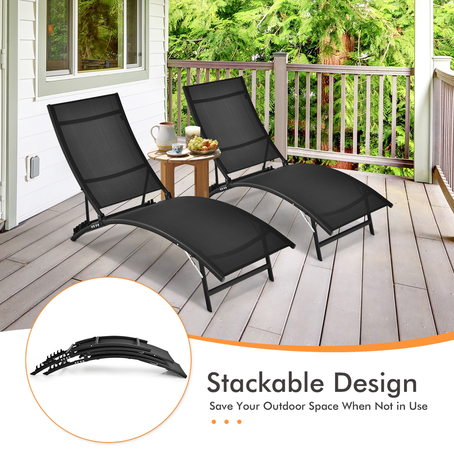 Costway 2 PCS Patio Folding Chaise Lounge Chair Recliner Adjustable Stackable Deck Black