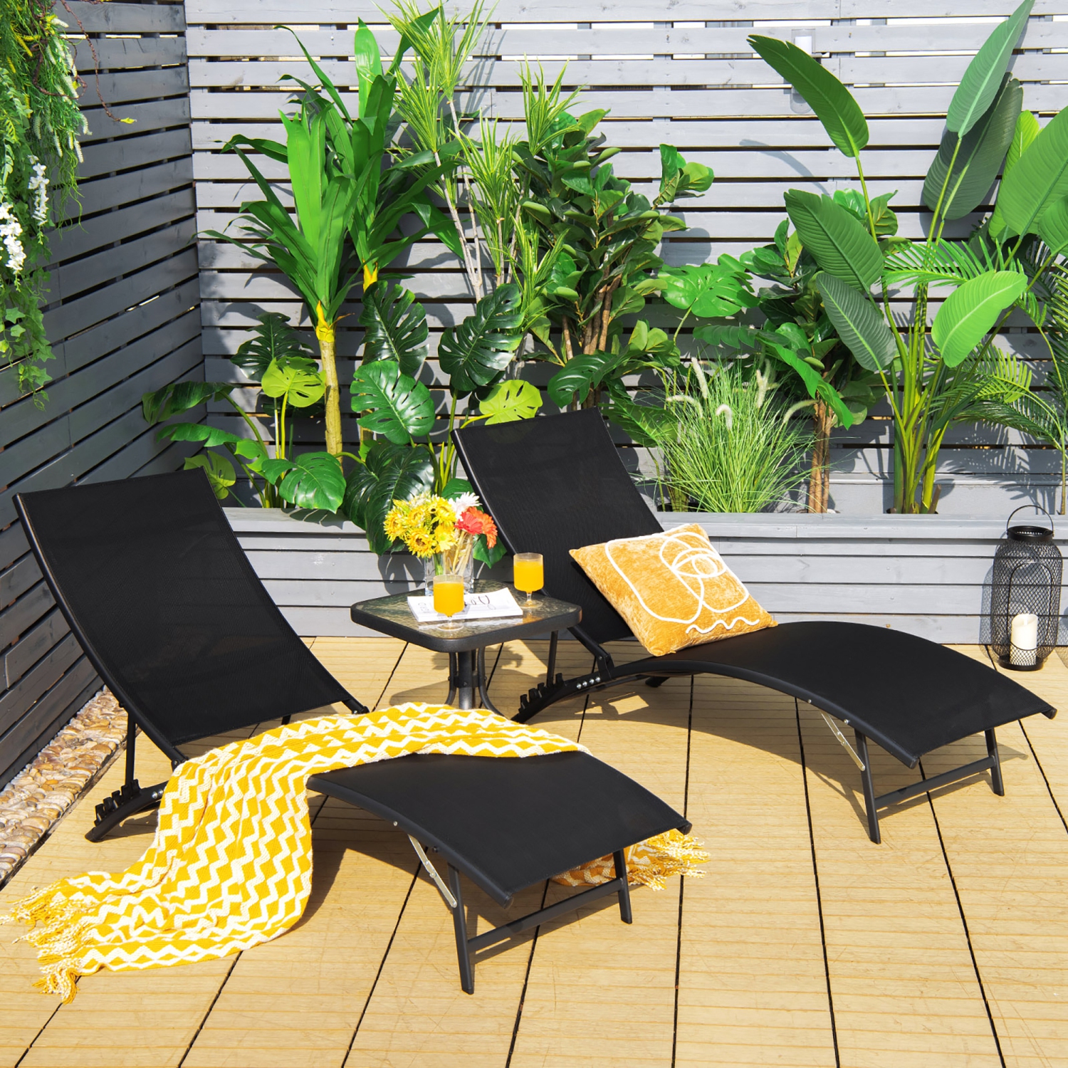 Costway 2 PCS Patio Folding Chaise Lounge Chair Recliner Adjustable Stackable Deck Black