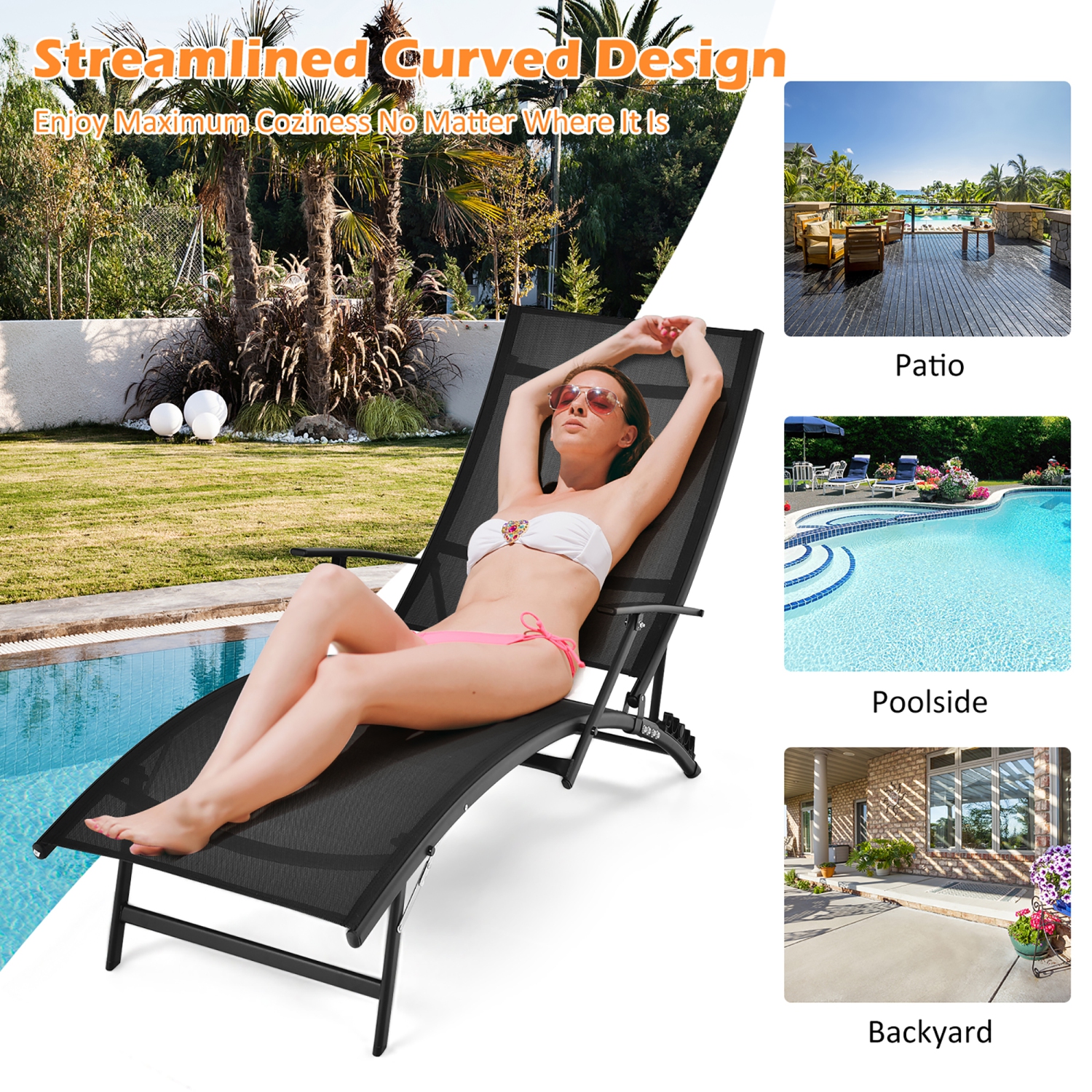 Costway 2PCS Patio Folding Lounge Chair Chaise Recliner Adjustable Stackable W/Armrest