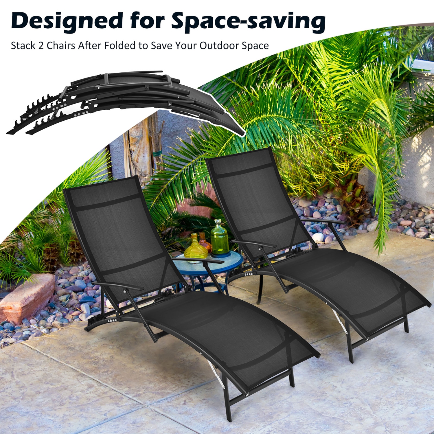 Costway 2PCS Patio Folding Lounge Chair Chaise Recliner Adjustable Stackable W/Armrest