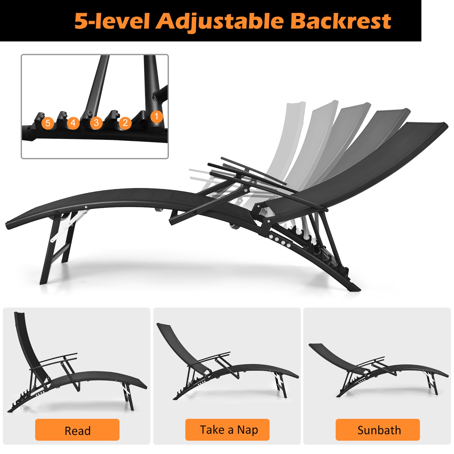 Costway 2PCS Patio Folding Lounge Chair Chaise Recliner Adjustable Stackable W/Armrest