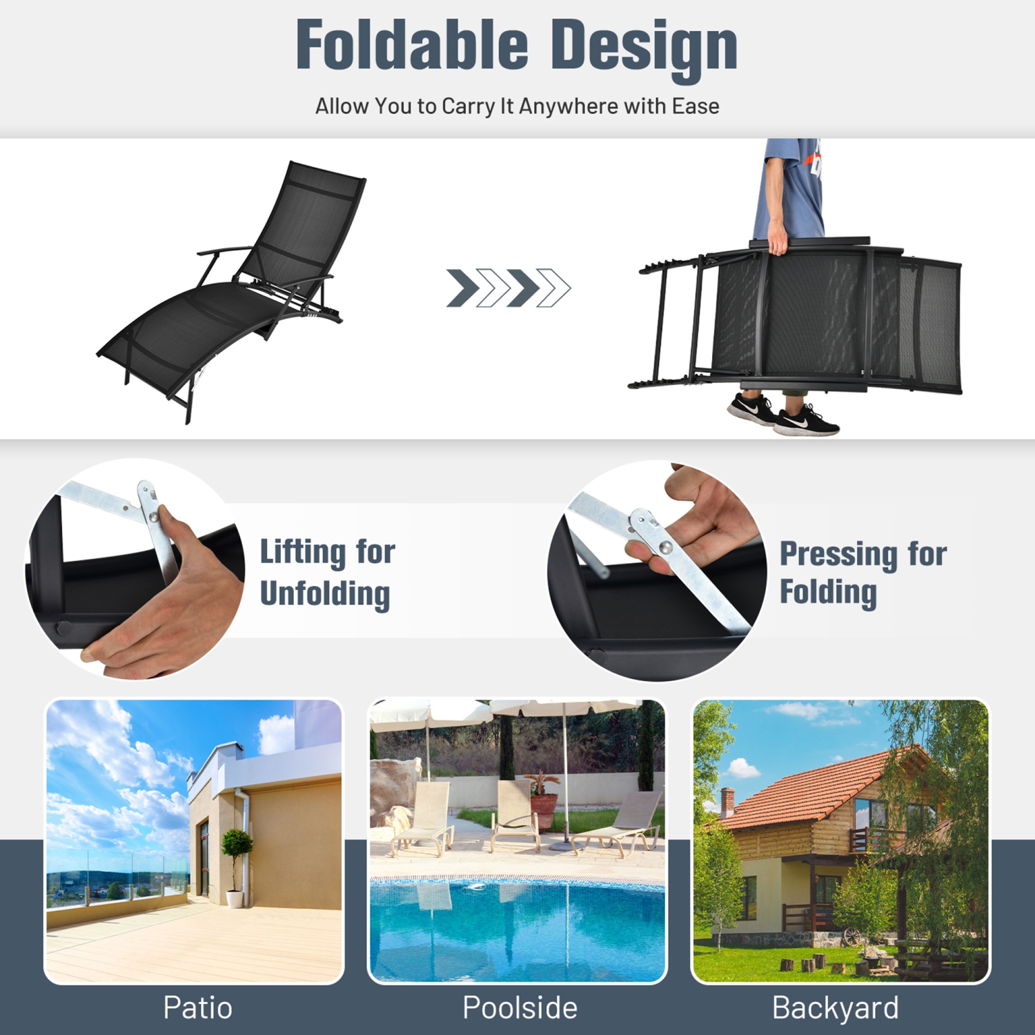 Gymax Set of 2 Foldable Patio Chaise Lounge w/ 5-level Backrest Outdoor Recliner Chair