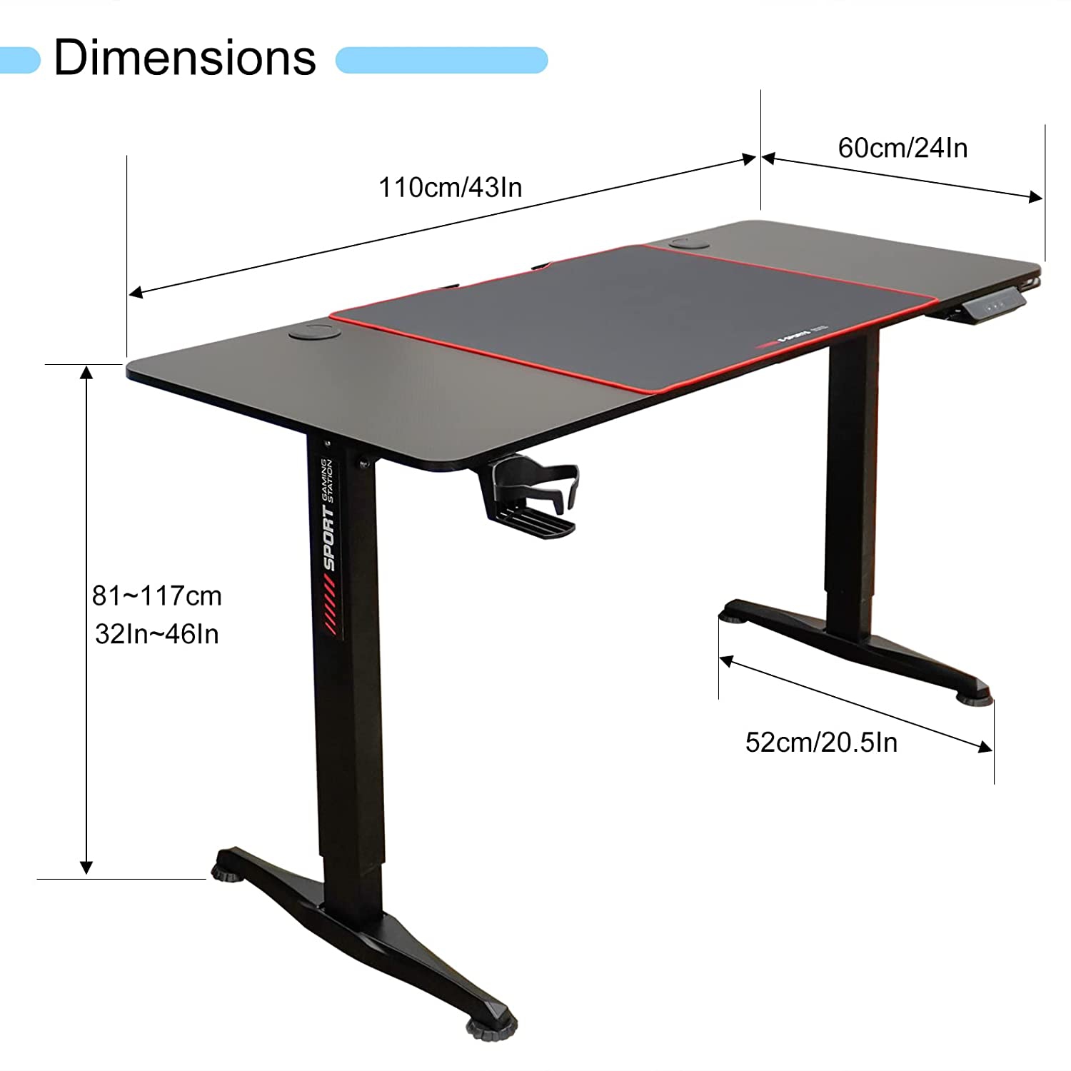 SK DEPOT 43"x 24"/110 x 60 cm Electric Height Adjustable Standing Gaming Desk with Memory Preset Controller, Large Work Surface, Black