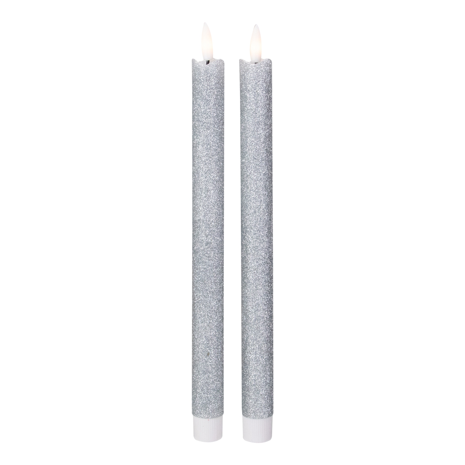 Set 2 Silver Glittered LED Flameless Taper Christmas Candles 11"