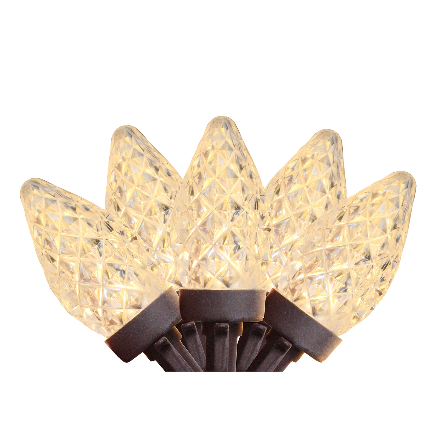 100 Warm White LED Faceted C7 Christmas Lights - 66 ft Brown Wire
