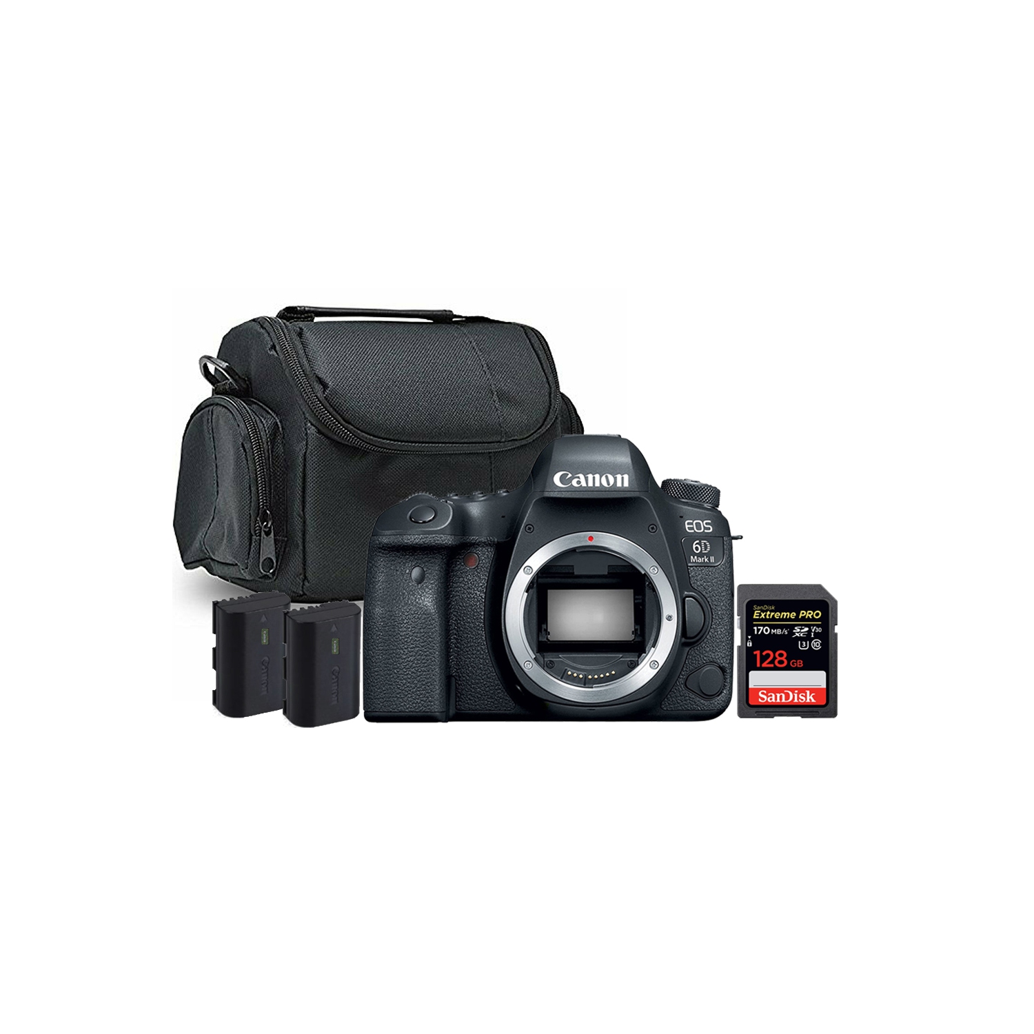 Canon EOS 6D Mark II Full Frame Digital SLR Camera Body + SanDisk Extreme Pro 128GB SDXC Memory Card + Canon LP-E6NH Lithium-Ion Battery + Camera Case