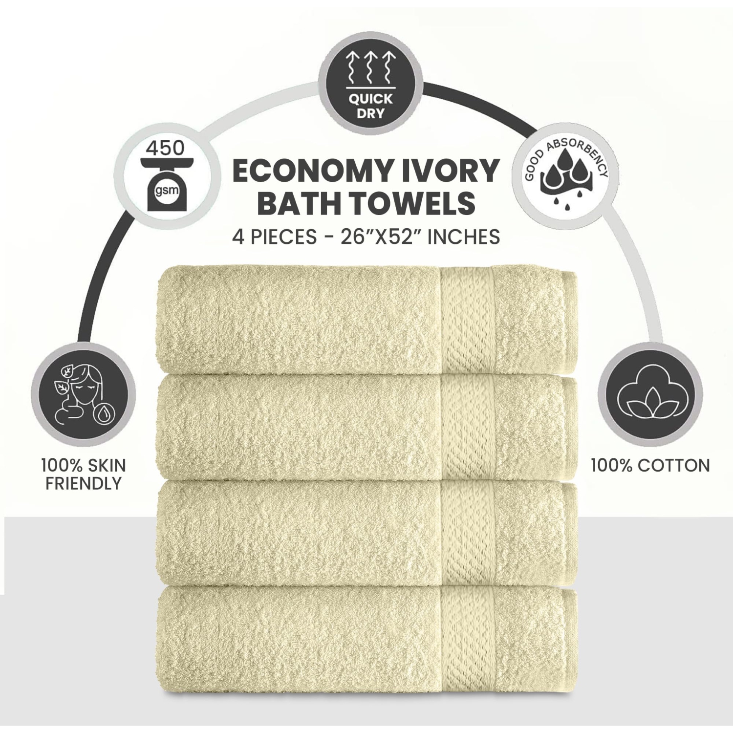 Serviettes de bain économiques Canadian Linen Basics, 26 x 52 po, paq./4, serviettes douces et absorbantes en coton à séchage rapide, ivoire