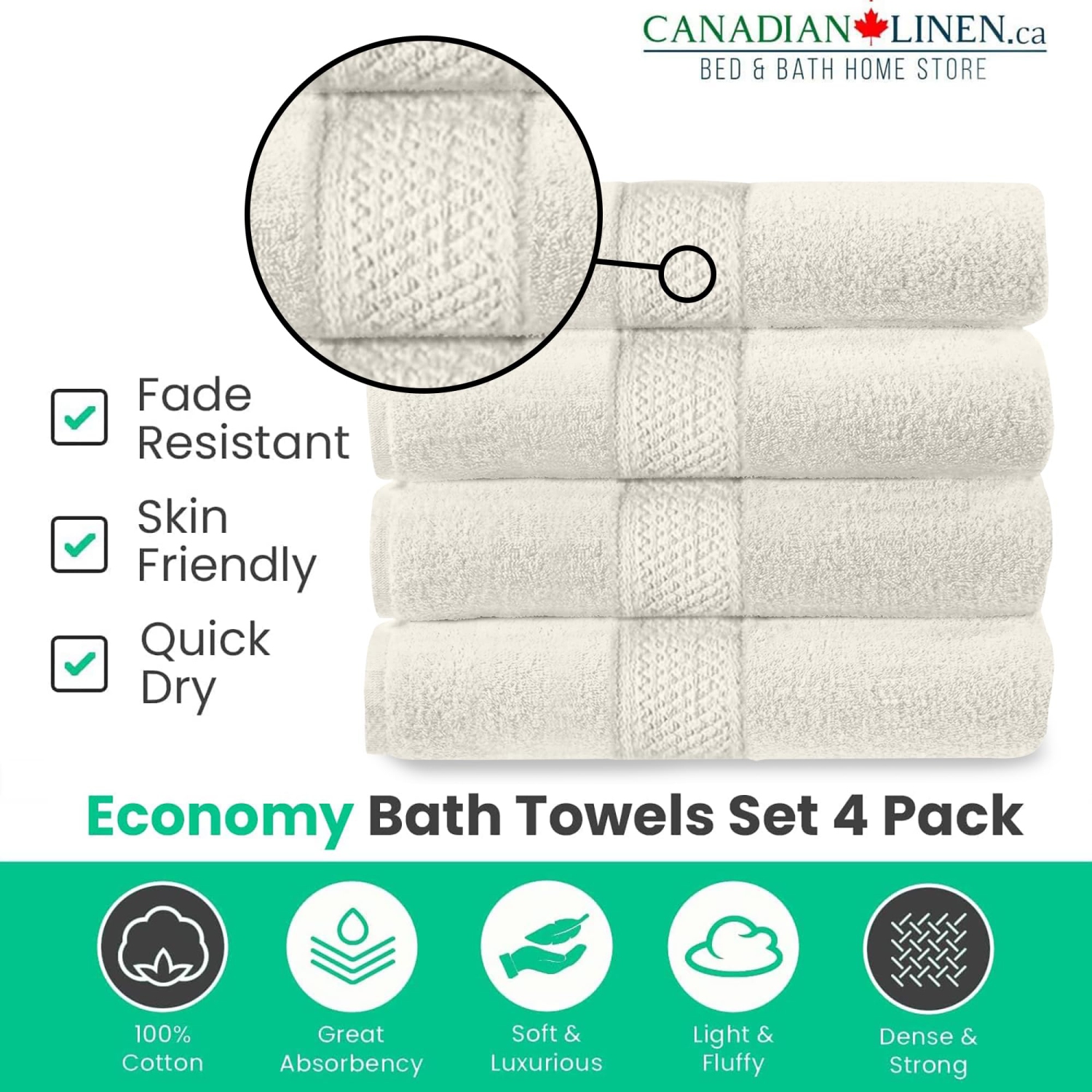 Serviettes de bain économiques Canadian Linen Basics, 26 x 52 po, paq./4, serviettes douces et absorbantes en coton à séchage rapide, ivoire
