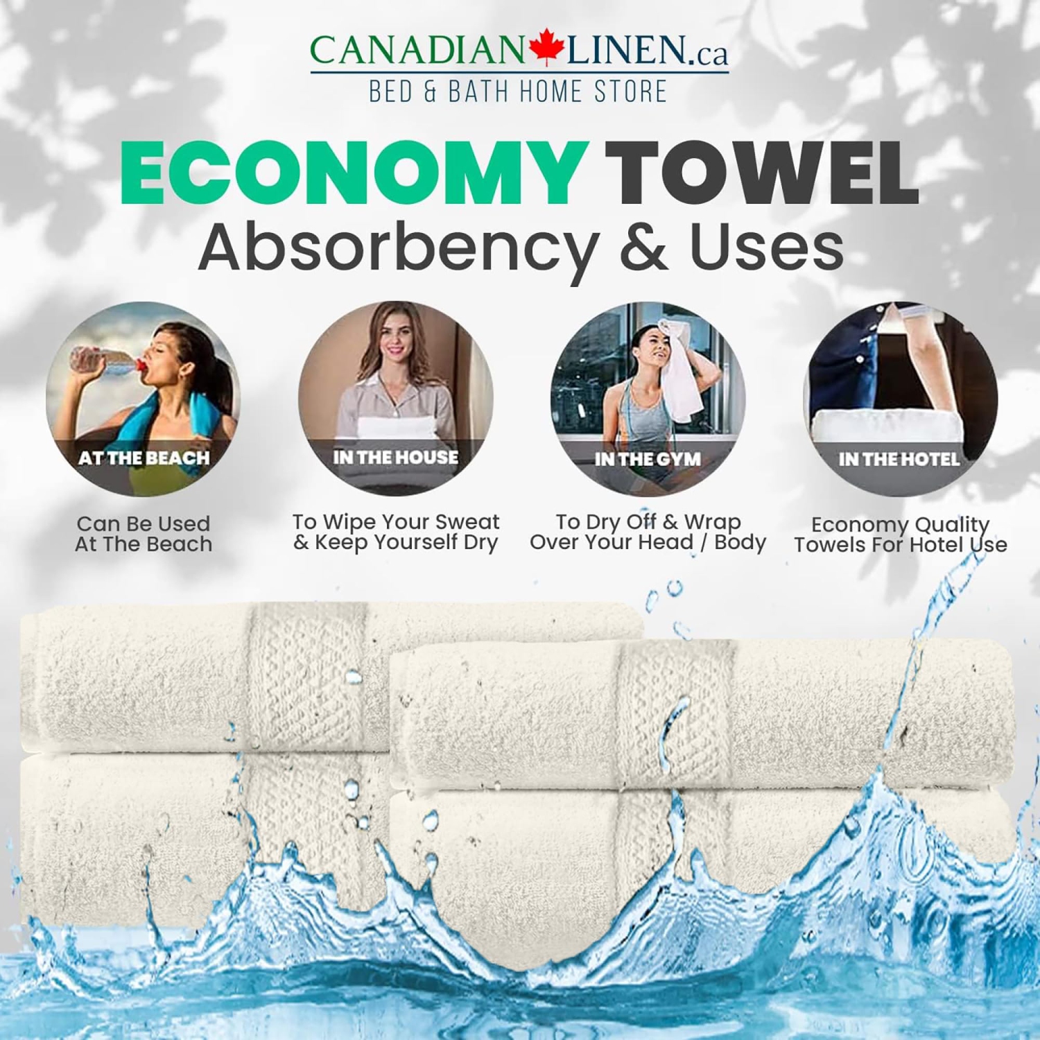 Serviettes de bain économiques Canadian Linen Basics, 26 x 52 po, paq./4, serviettes douces et absorbantes en coton à séchage rapide, ivoire