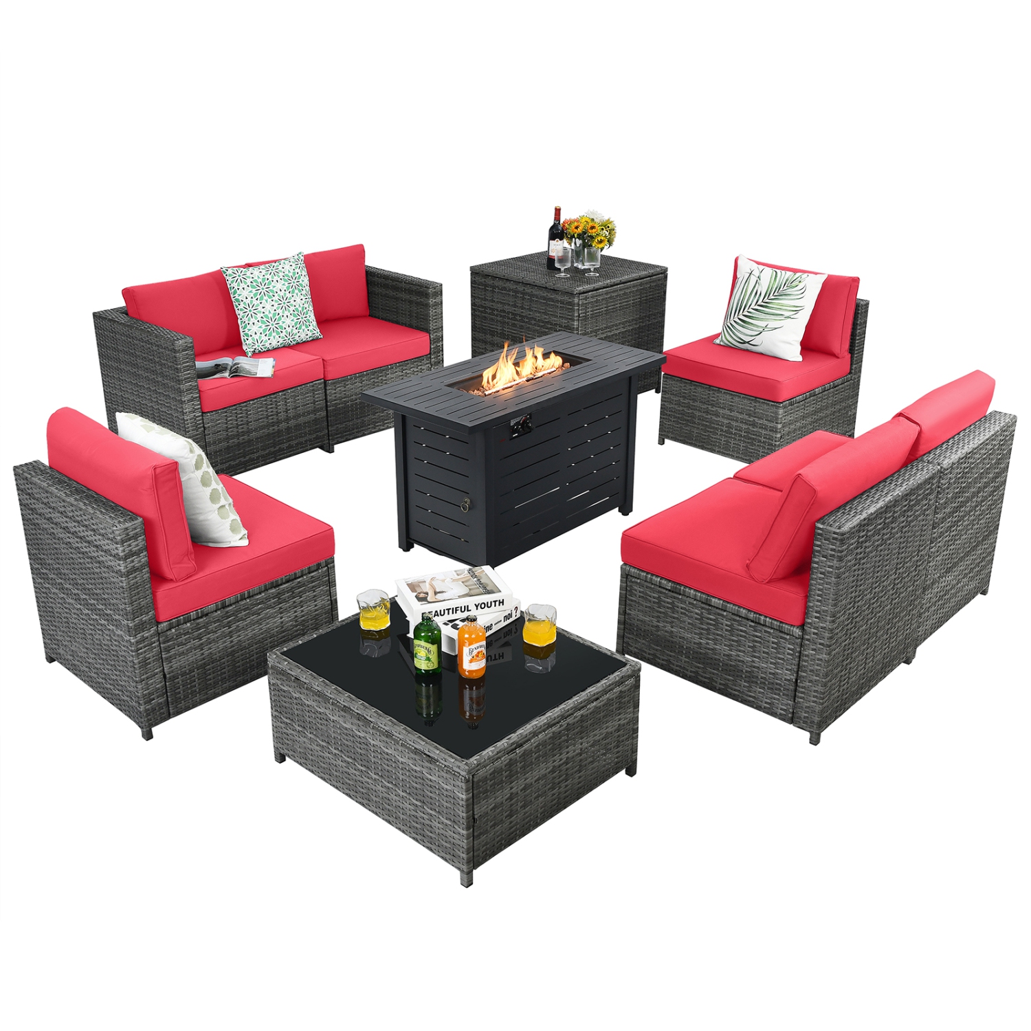 Patiojoy 9 PCS Rattan Dinning Set Wicker Sofa w/Propane Gas Fire Pit 60,000 Btu Heater Grey/Black/Navy/Red/Off White