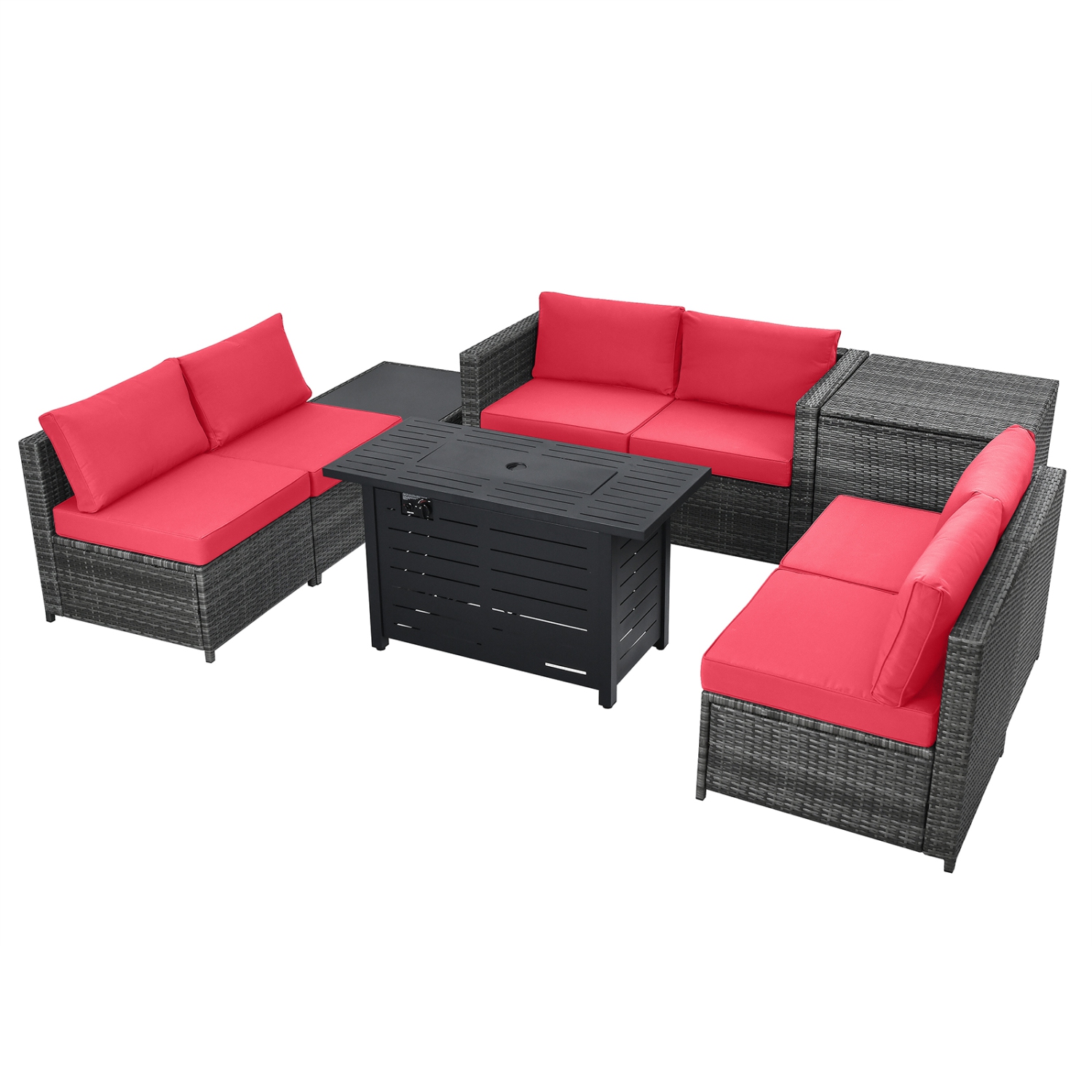 Patiojoy 9 PCS Rattan Dinning Set Wicker Sofa w/Propane Gas Fire Pit 60,000 Btu Heater Grey/Black/Navy/Red/Off White