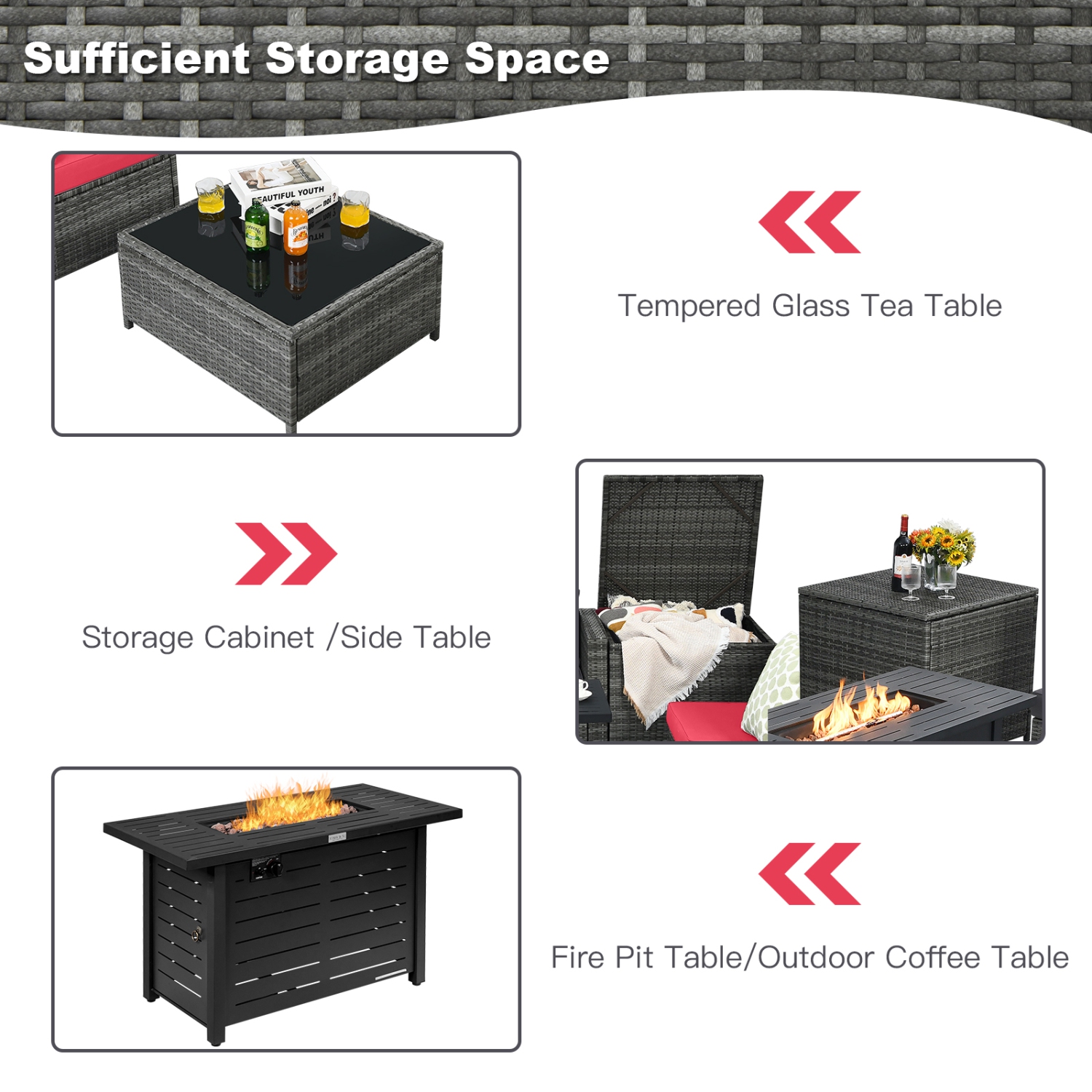 Patiojoy 9 PCS Rattan Dinning Set Wicker Sofa w/Propane Gas Fire Pit 60,000 Btu Heater Grey/Black/Navy/Red/Off White