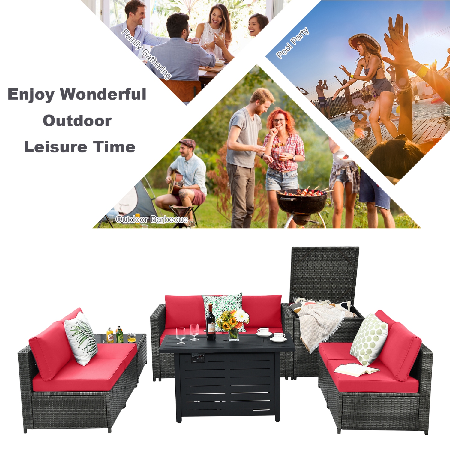 Patiojoy 9 PCS Rattan Dinning Set Wicker Sofa w/Propane Gas Fire Pit 60,000 Btu Heater Grey/Black/Navy/Red/Off White