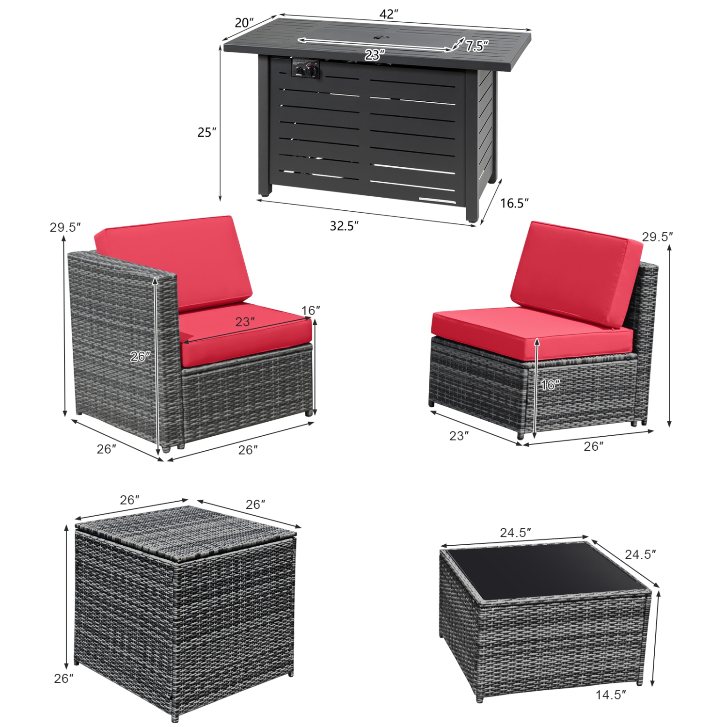 Patiojoy 9 PCS Rattan Dinning Set Wicker Sofa w/Propane Gas Fire Pit 60,000 Btu Heater Grey/Black/Navy/Red/Off White