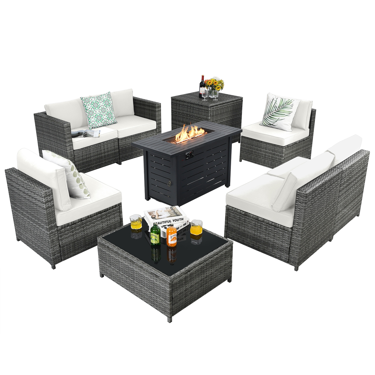 Patiojoy 9 PCS Rattan Dinning Set Wicker Sofa w/Propane Gas Fire Pit 60,000 Btu Heater Grey/Black/Navy/Red/Off White