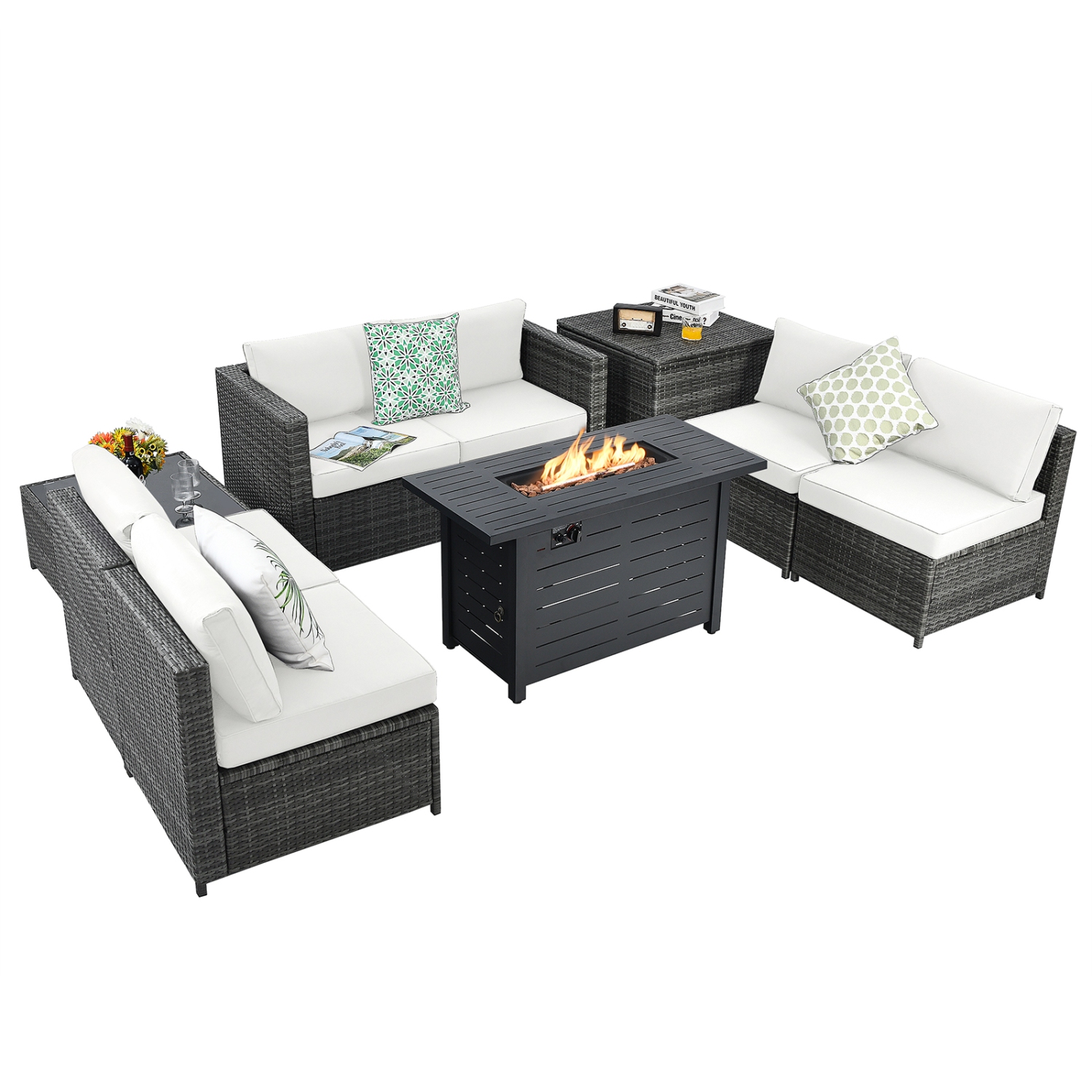 Patiojoy 9 PCS Rattan Dinning Set Wicker Sofa w/Propane Gas Fire Pit 60,000 Btu Heater Grey/Black/Navy/Red/Off White