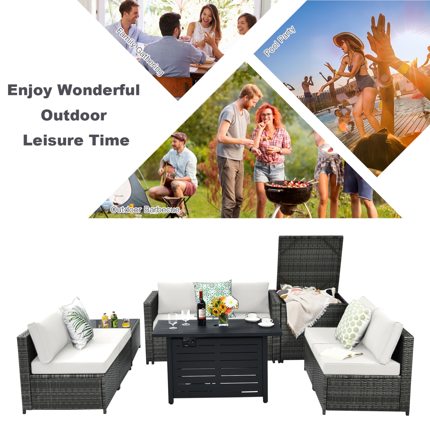 Patiojoy 9 PCS Rattan Dinning Set Wicker Sofa w/Propane Gas Fire Pit 60,000 Btu Heater Grey/Black/Navy/Red/Off White