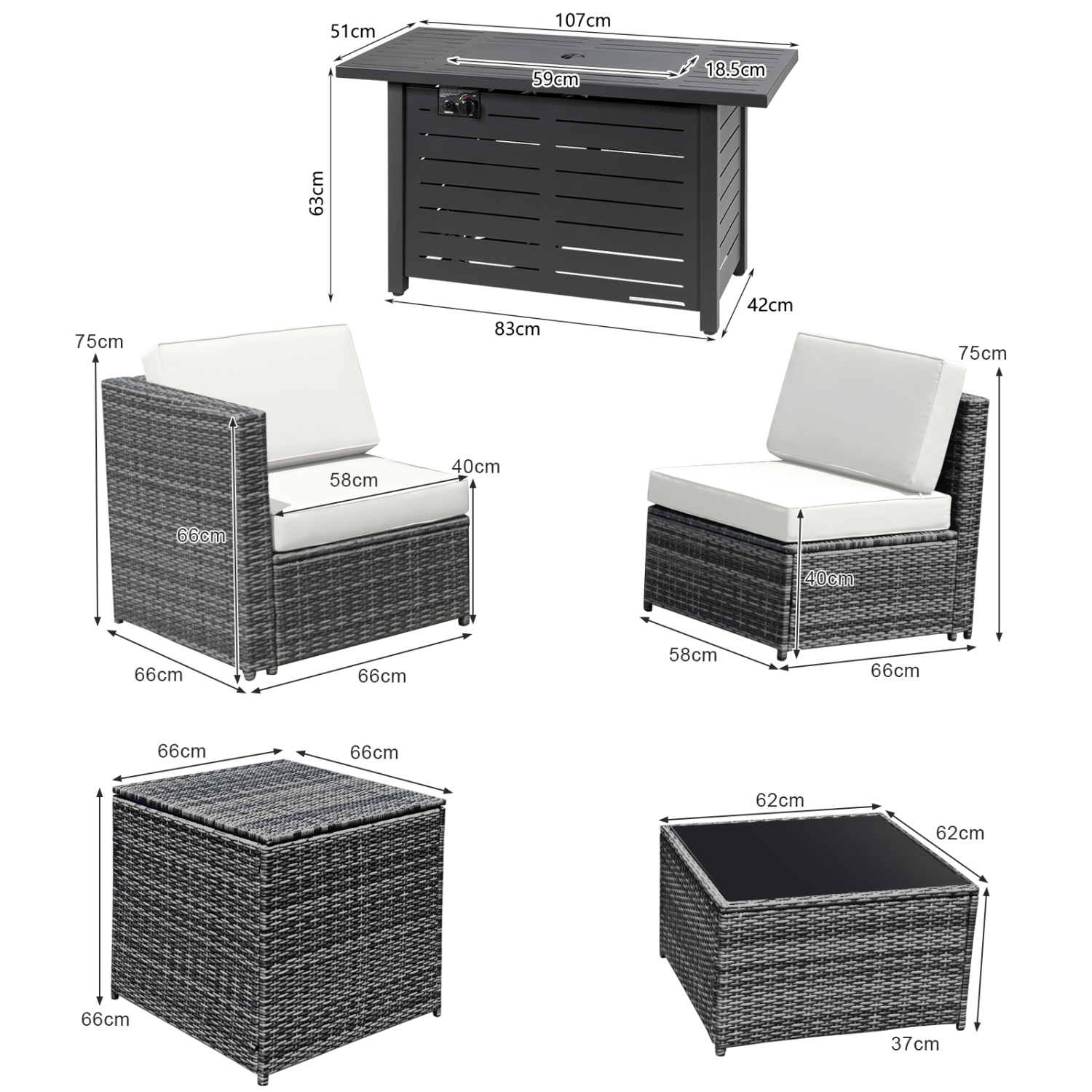 Patiojoy 9 PCS Rattan Dinning Set Wicker Sofa w/Propane Gas Fire Pit 60,000 Btu Heater Grey/Black/Navy/Red/Off White