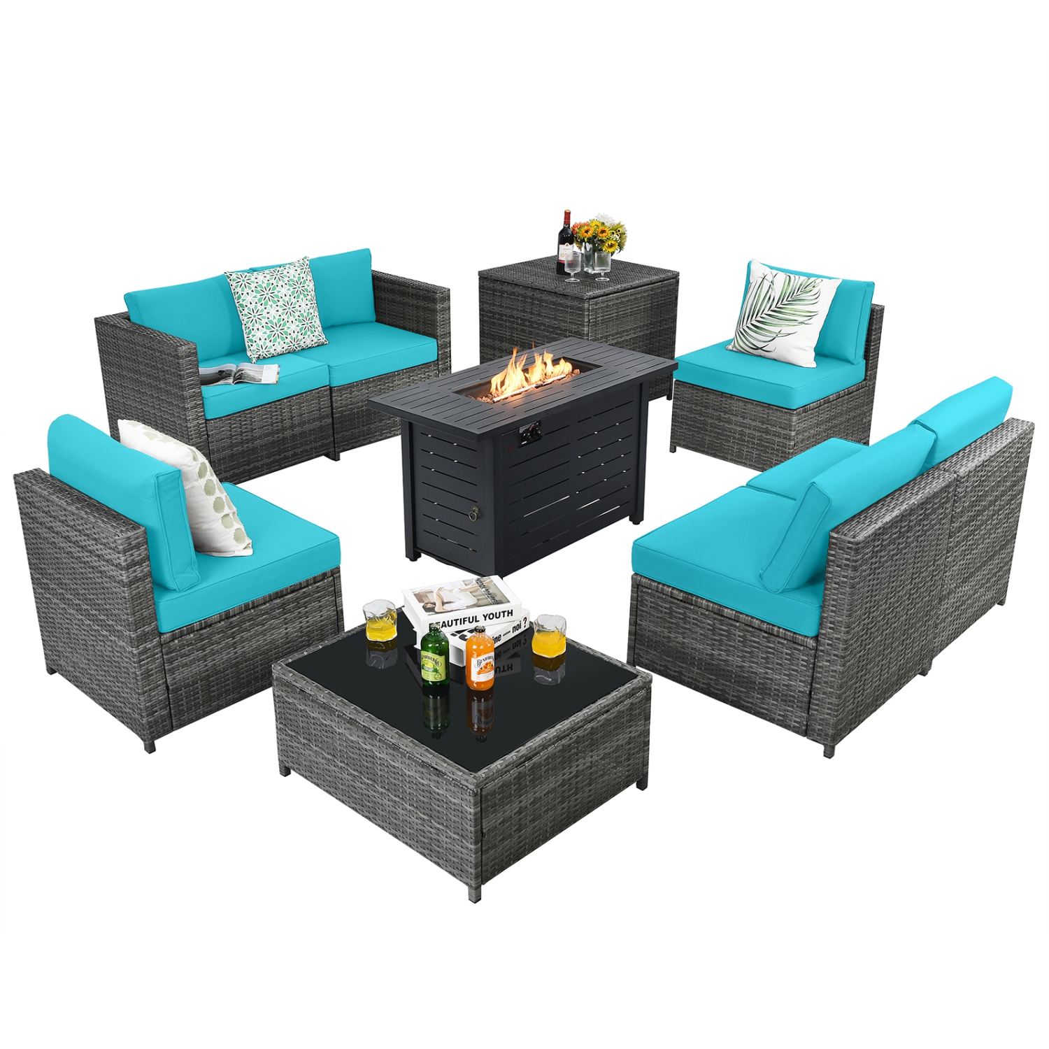 Patiojoy 9 PCS Rattan Dinning Set Wicker Sofa w/Propane Gas Fire Pit 60,000 Btu Heater Grey/Black/Navy/Red/Off White
