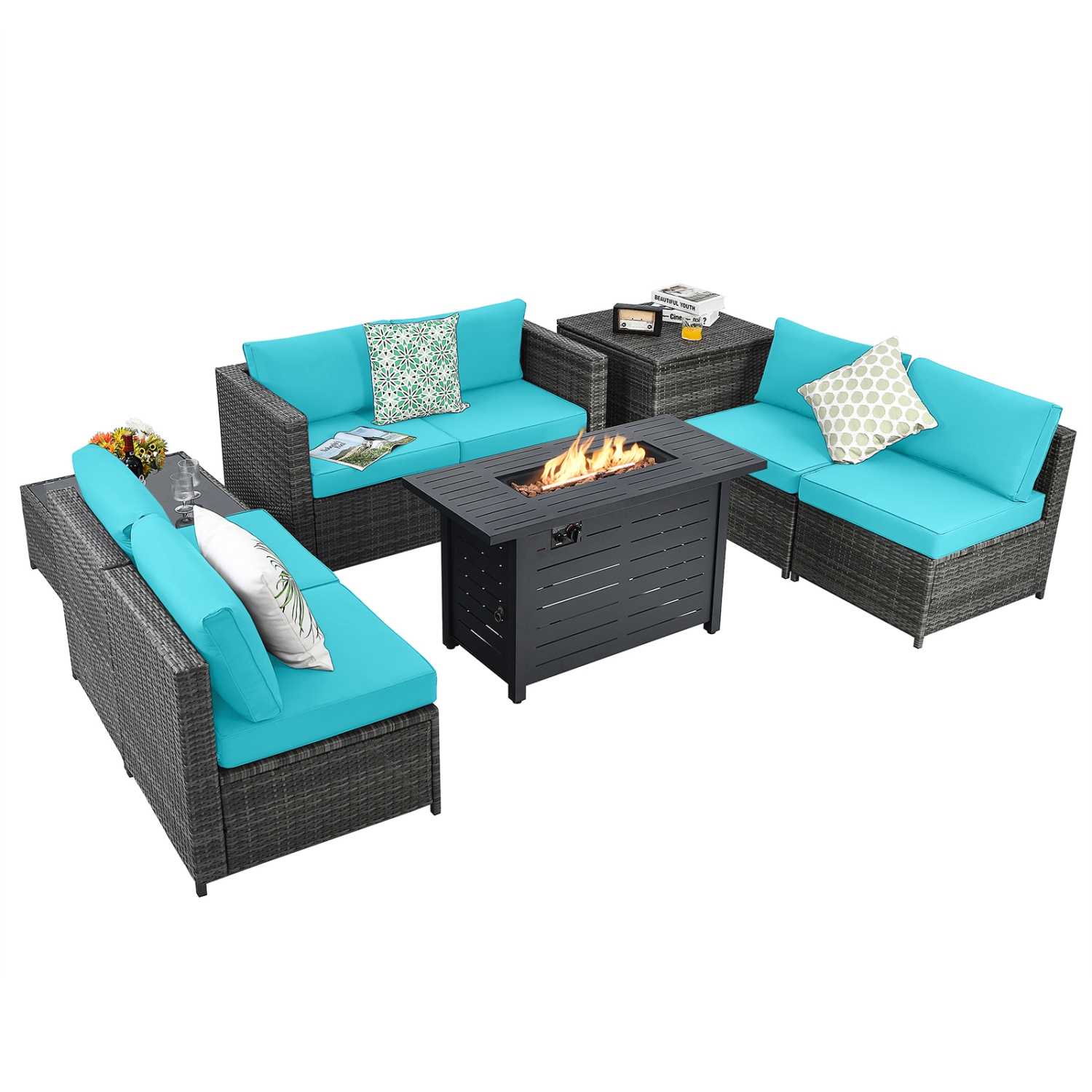 Patiojoy 9 PCS Rattan Dinning Set Wicker Sofa w/Propane Gas Fire Pit 60,000 Btu Heater Grey/Black/Navy/Red/Off White