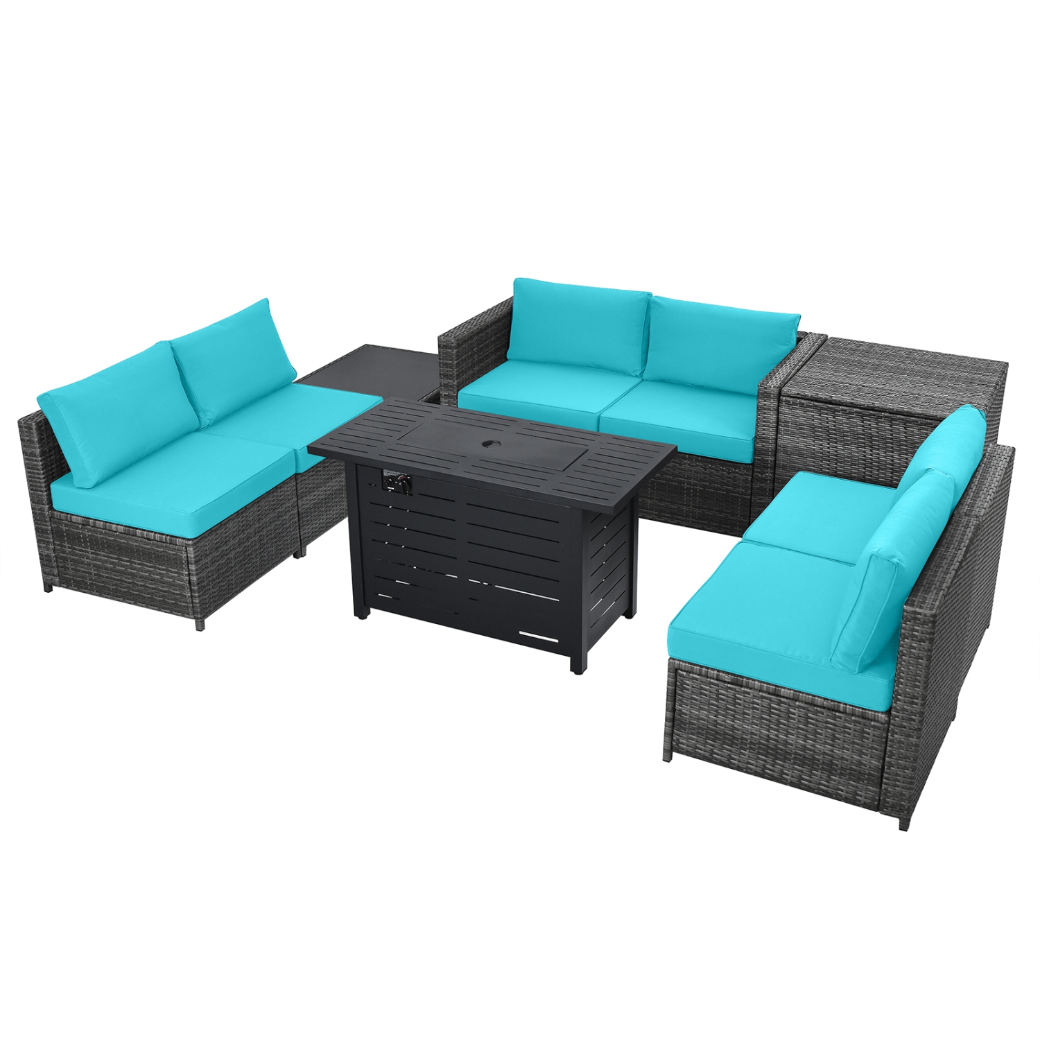 Patiojoy 9 PCS Rattan Dinning Set Wicker Sofa w/Propane Gas Fire Pit 60,000 Btu Heater Grey/Black/Navy/Red/Off White