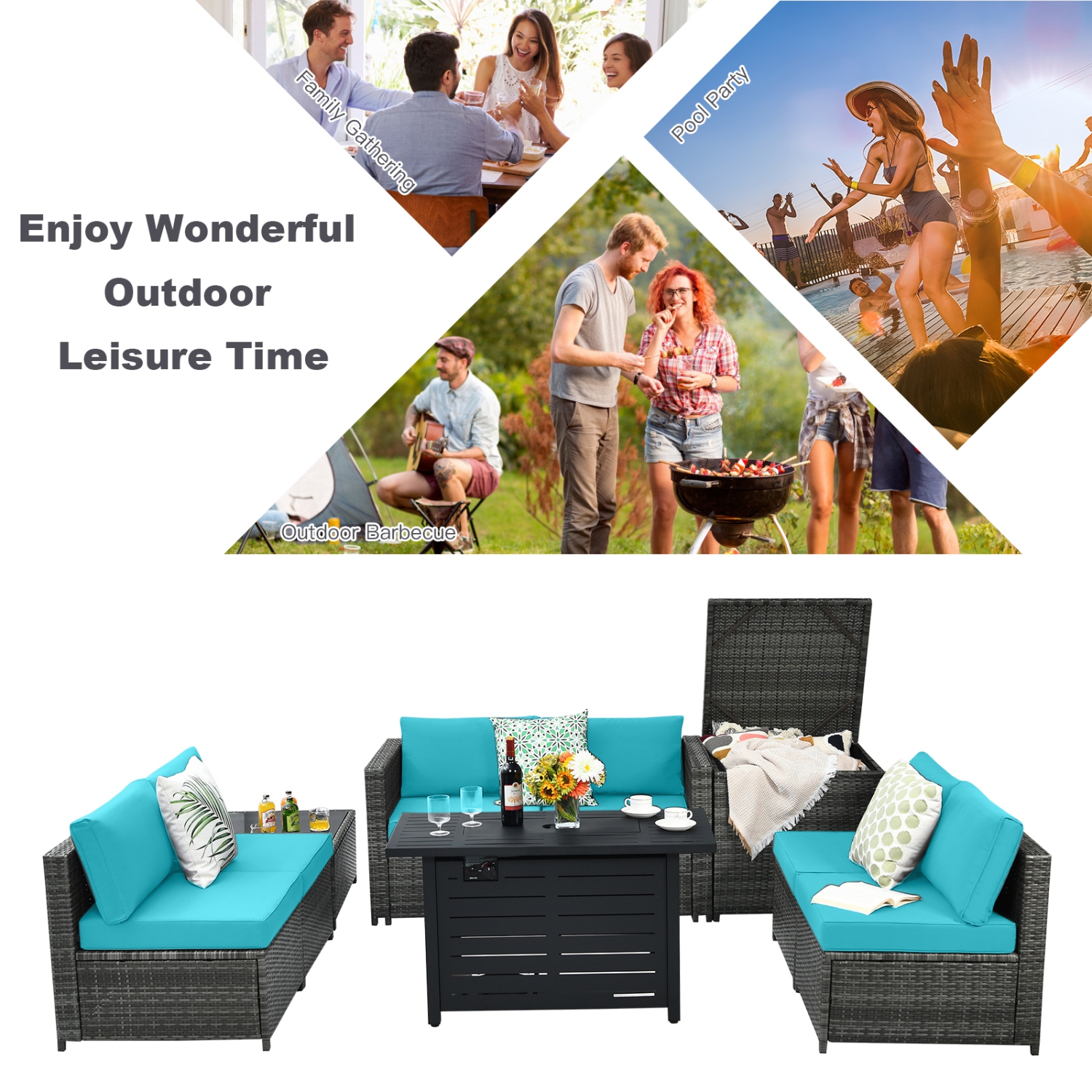 Patiojoy 9 PCS Rattan Dinning Set Wicker Sofa w/Propane Gas Fire Pit 60,000 Btu Heater Grey/Black/Navy/Red/Off White