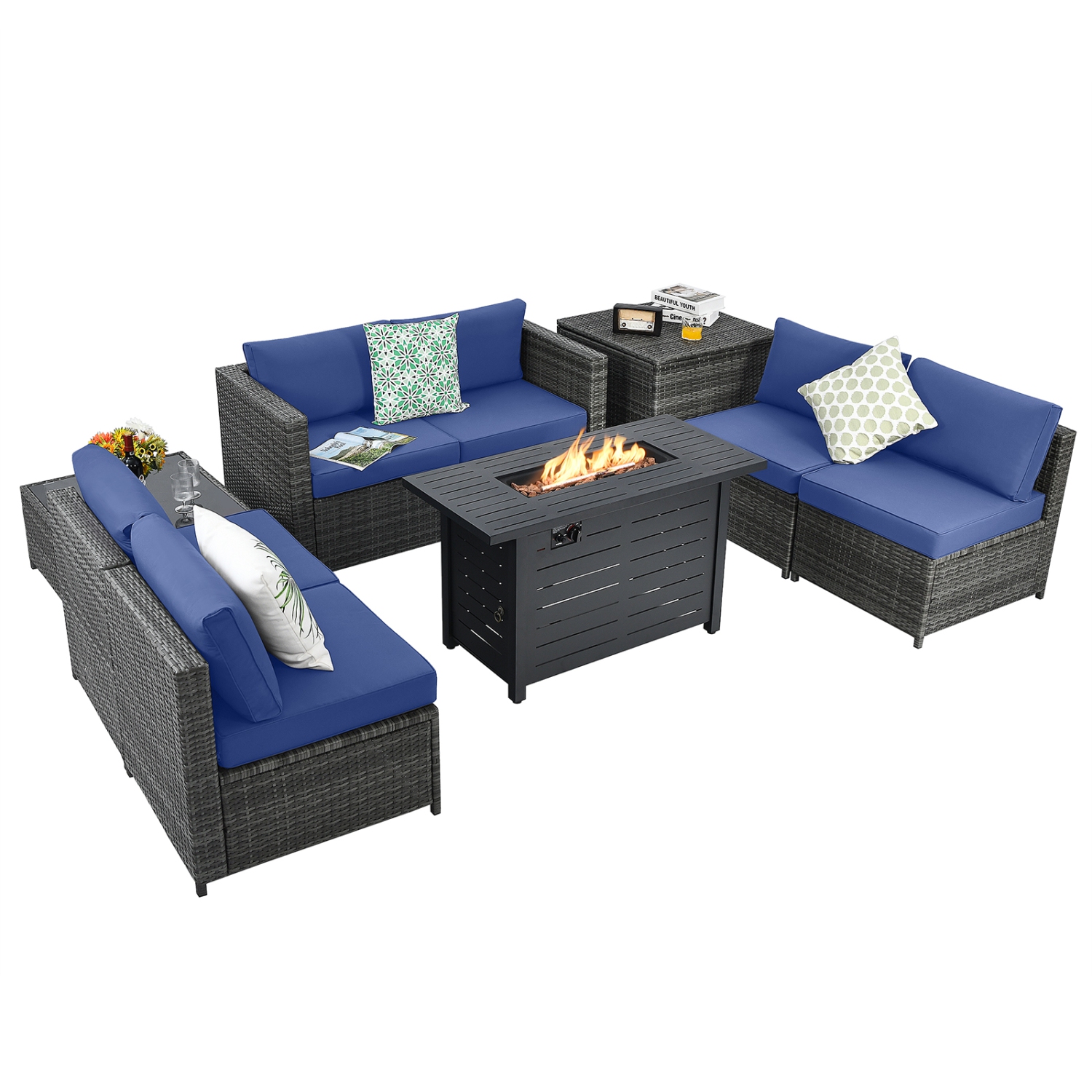 Ensemble 9 pièces patio osier rotin/foyer gaz propane 60,000 BTU gris/noir/Marine/Rouge/Blanc cassé PatioJoy