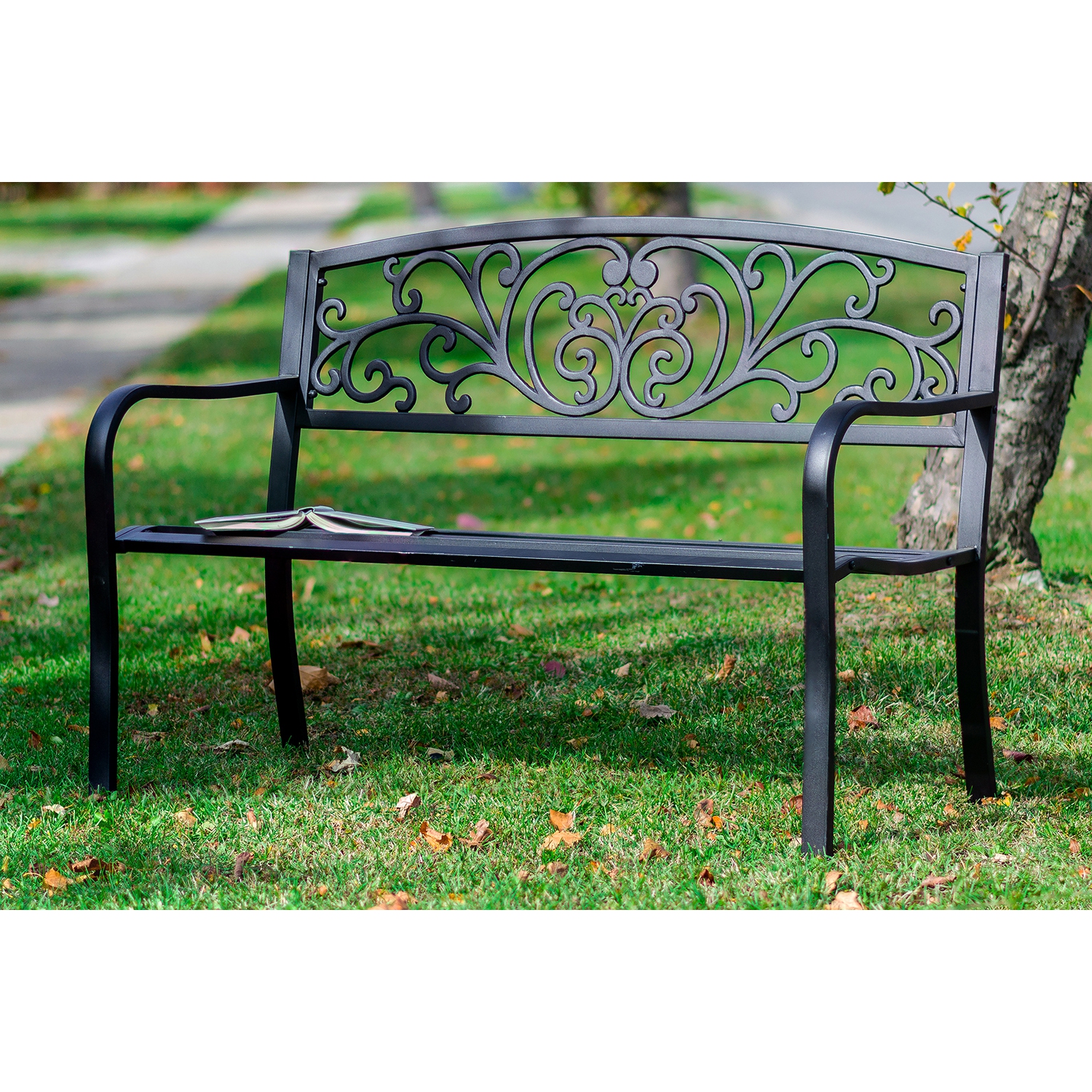 Hi-Line Gift Ltd Garden Bench Black Scroll Backrest 50 Inch Long