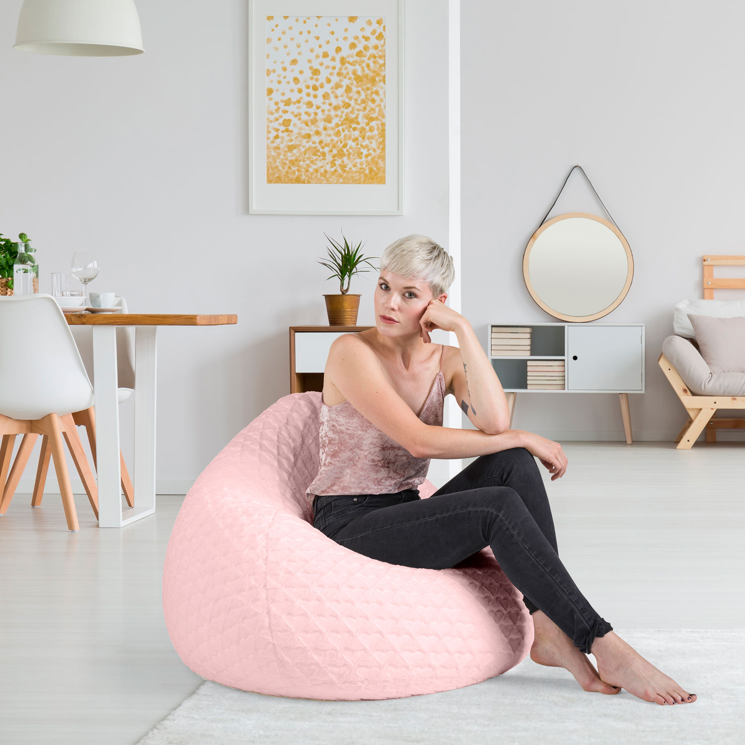 Fluffy Hearts Contemporary Polyester Bean Bag – Rose