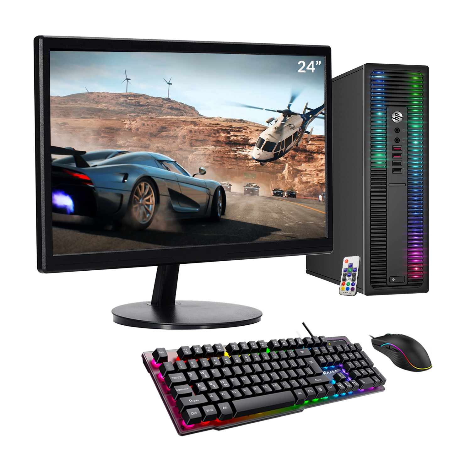 Refurbished (Good) - Custom Built RGB Lights PC with 24 Inch Monitor - HP ProDesk Desktop PC Intel Core i5 6500, 16GB RAM 512GB SSD Win 10 Pro Wi-Fi Keyboard & Mouse