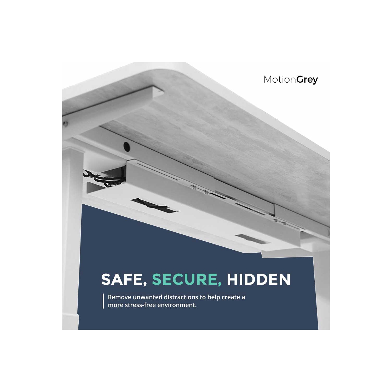MotionGrey Under Desk Cord Management Cable Tray Organizer for Work Computer Tables, Home and Office Sit-Stand Desks - White Color