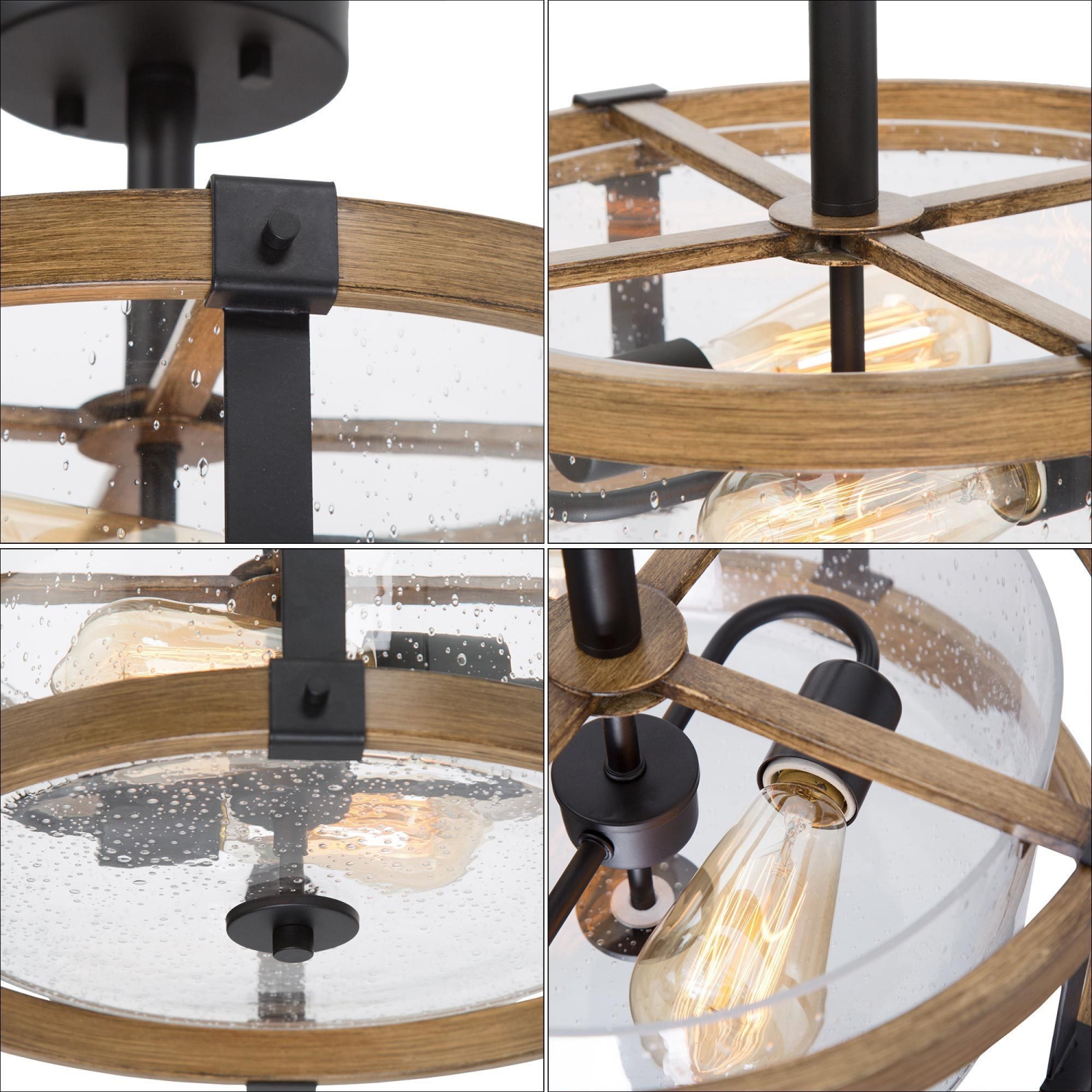 Plafonnier rustique en bois à 2 lumières avec verre bosselé