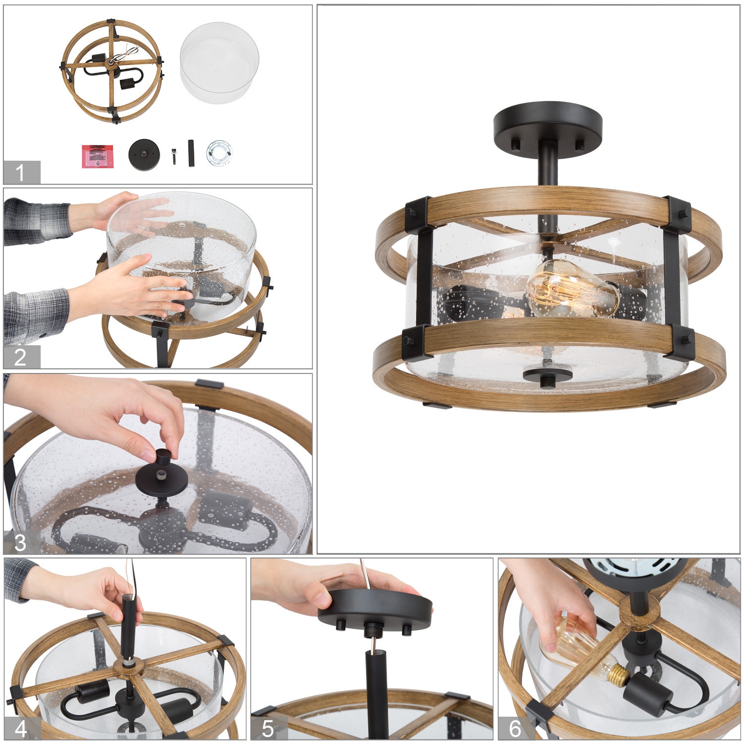 Plafonnier rustique en bois à 2 lumières avec verre bosselé