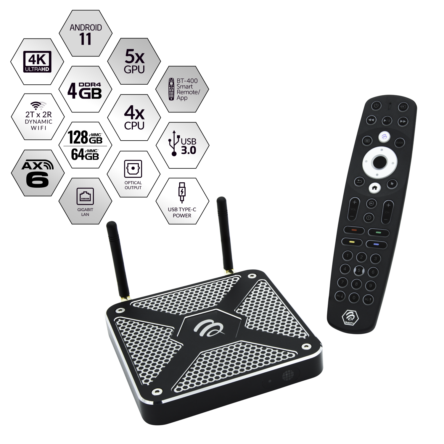 BuzzTV X5 64 AX-C - 4K UHD Android Media Streaming Player. 4GB RAM /64GB Memory / 6th Generation Wireless AX