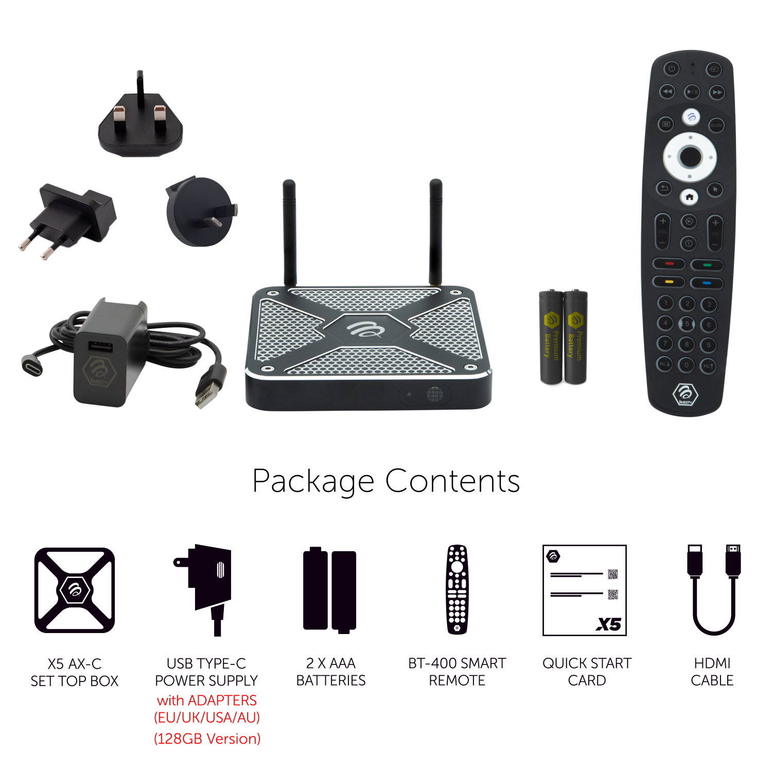 BuzzTV X5 64 AX-C - 4K UHD Android Media Streaming Player. 4GB RAM /64GB Memory / 6th Generation Wireless AX