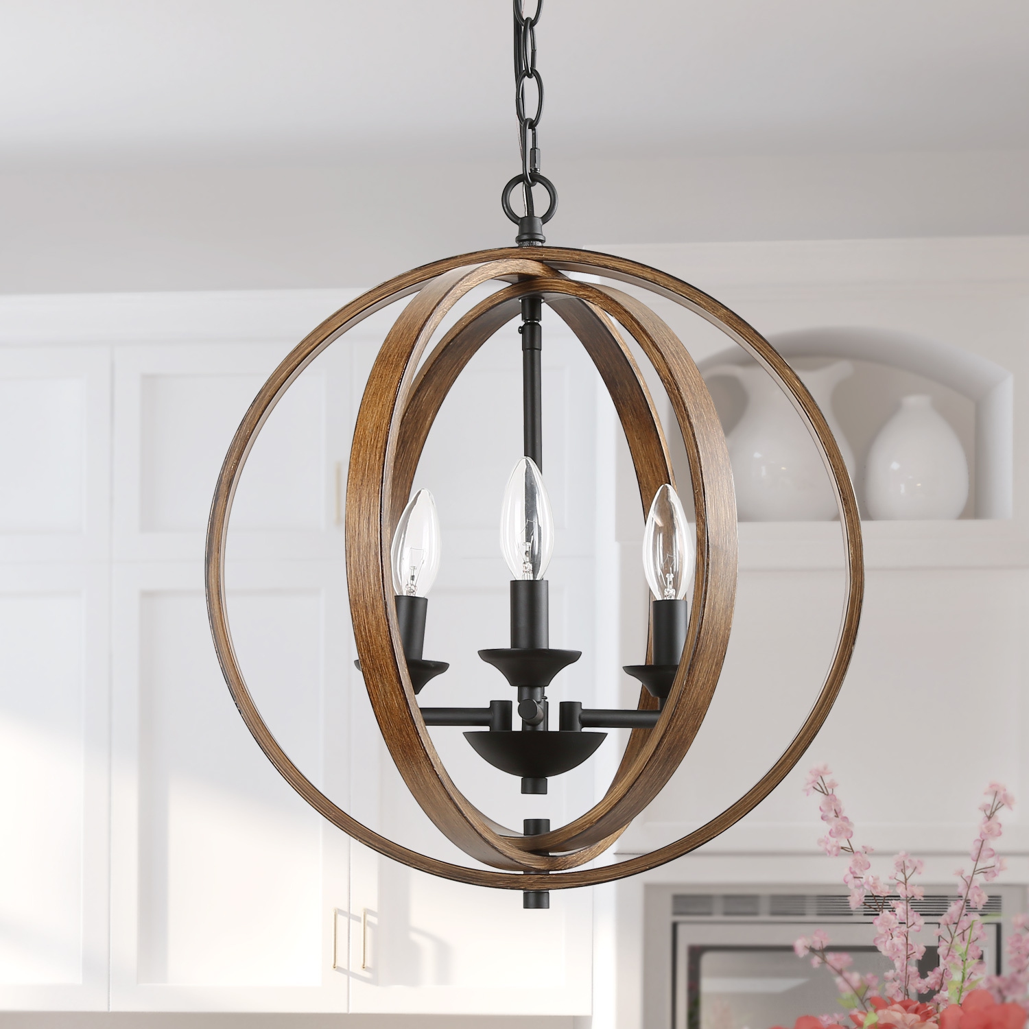 Modern Farmhouse 3-Light Globe Chandelier with Wood Accent
