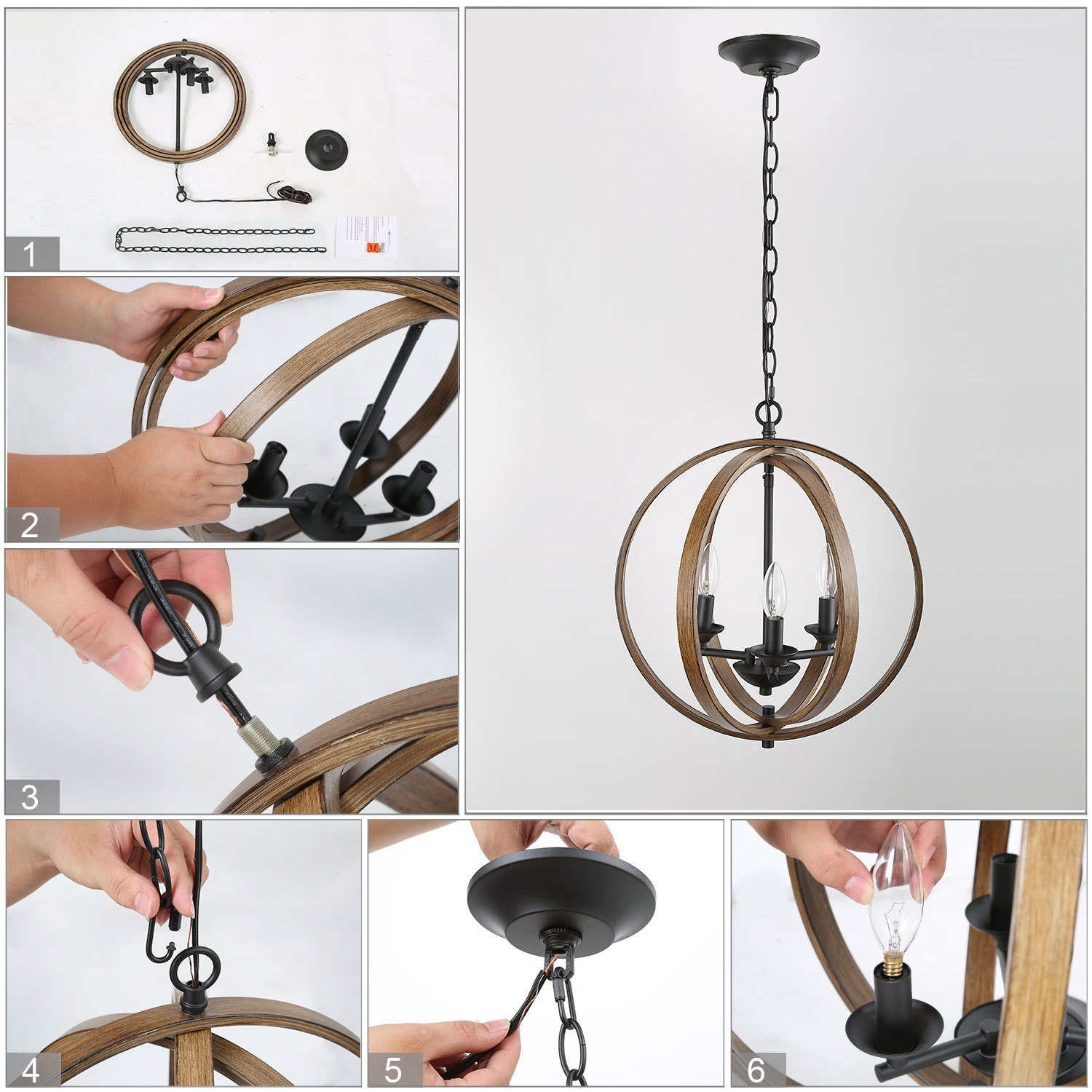 Modern Farmhouse 3-Light Globe Chandelier with Wood Accent