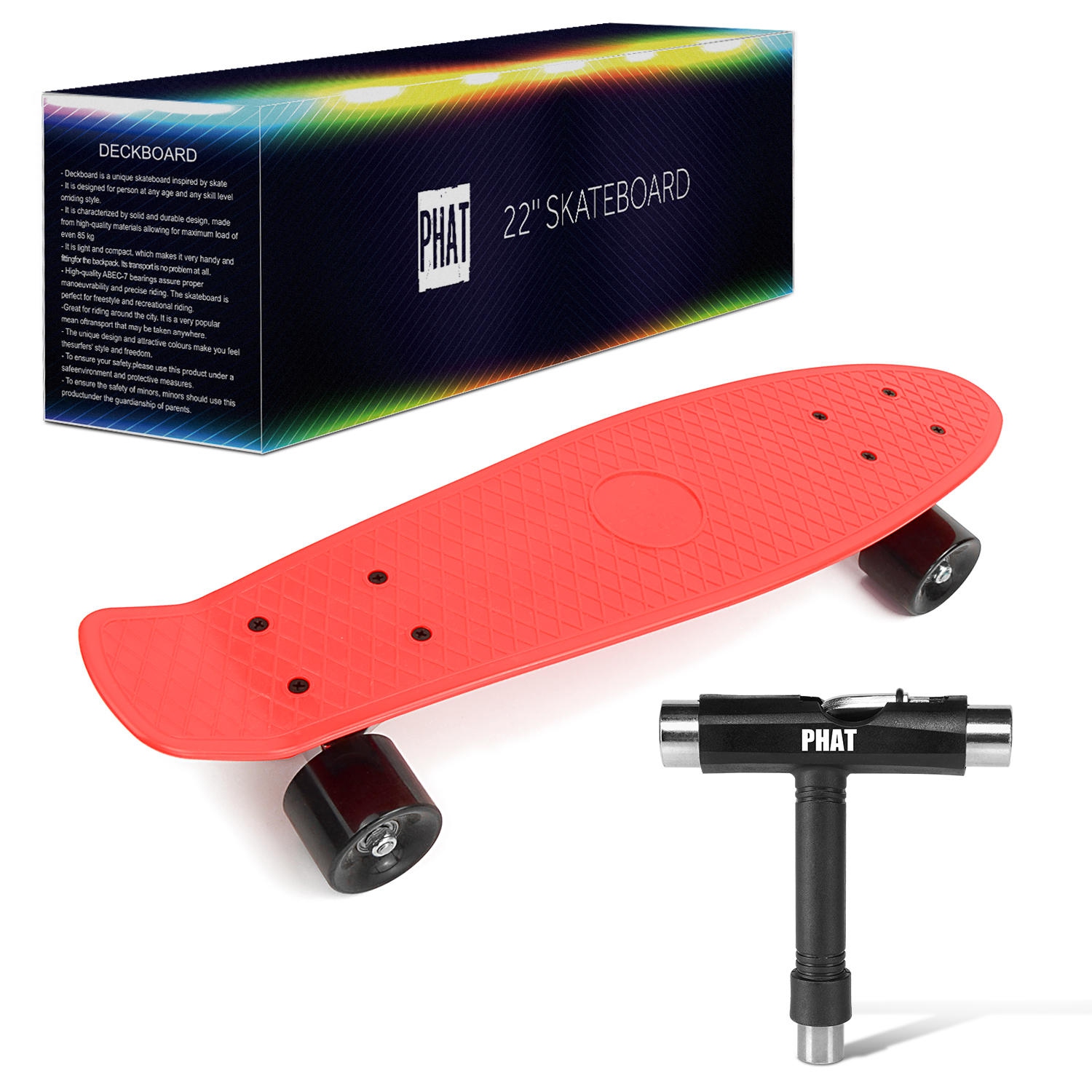 22" Plastic Retro Skateboard with All-in-One Skate T-Tool, Cruiser Street Surfing Banana Skate Board